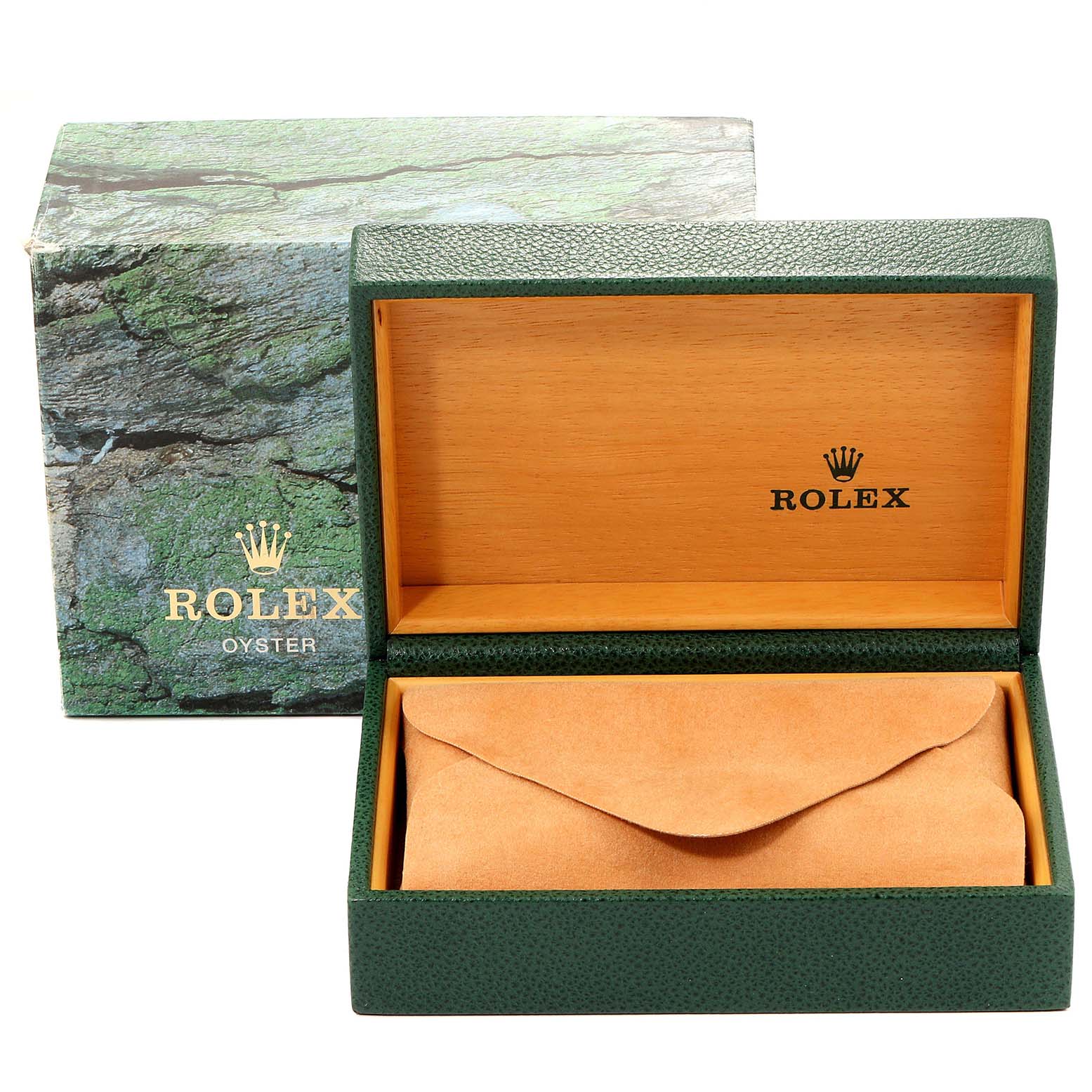 The image shows a Rolex Explorer 16570 Men
s Stainless Steel Black Dial 16570 Men
s Stainless Steel Black Dial model watch box and inner leather pouch from a front angle.