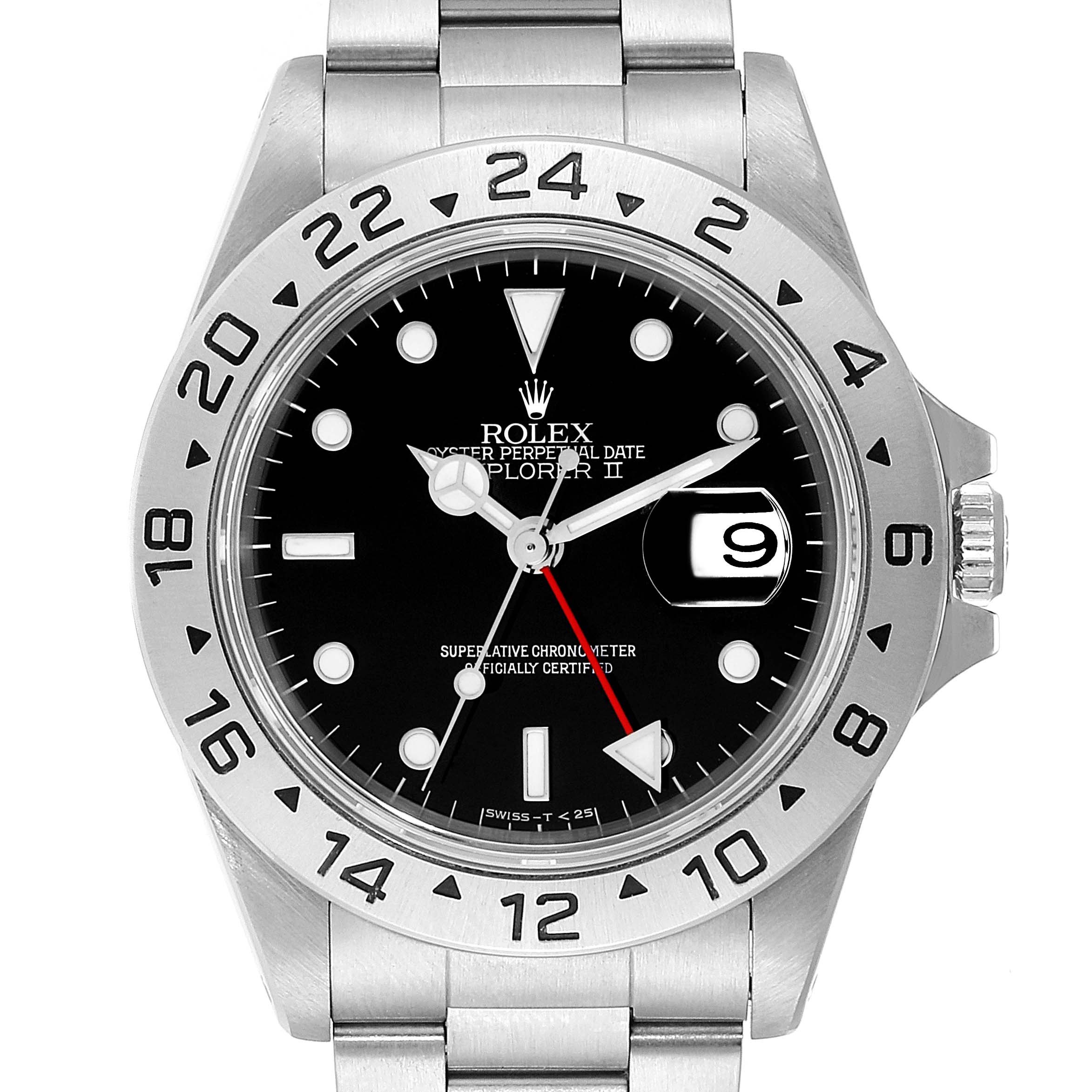 The image shows a front view of the Rolex Explorer 16570 Men
s Stainless Steel Black Dial 16570 Men
s Stainless Steel Black Dial watch, displaying the black dial, bezel, and steel bracelet.