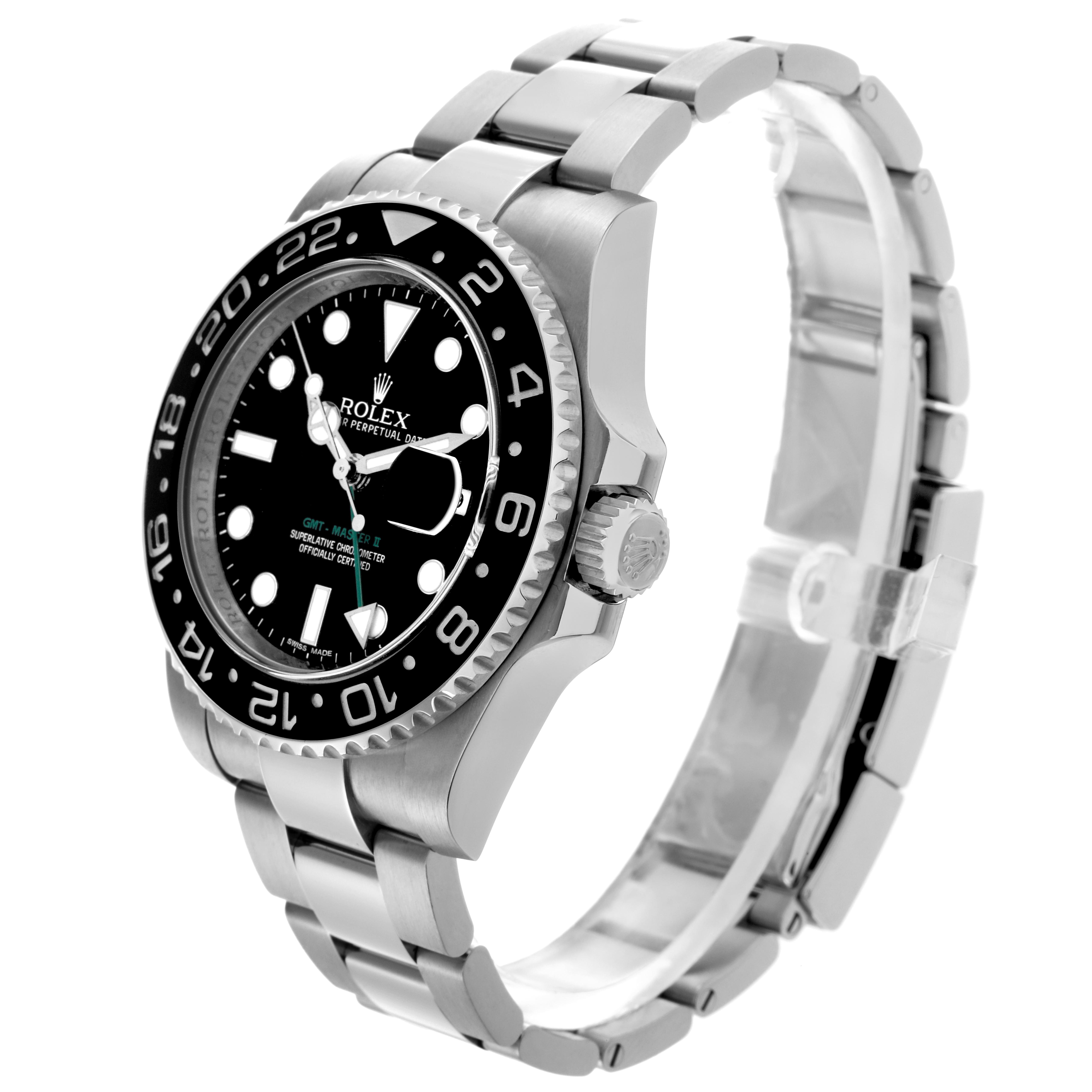 The image shows a side angle of the Rolex GMT-Master 116710 Men's Stainless Steel Black Dial 116710 Men's Stainless Steel Black Dial, highlighting the bezel, crown, dial, and bracelet.