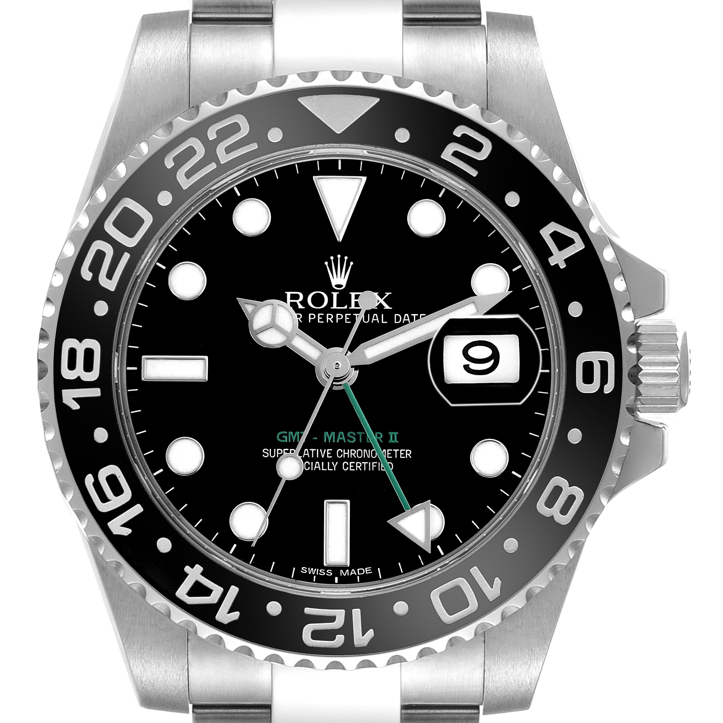 The Rolex GMT-Master 116710 Men's Stainless Steel Black Dial 116710 Men's Stainless Steel Black Dial II watch is shown from a front view highlighting the bezel, dial, and date window.