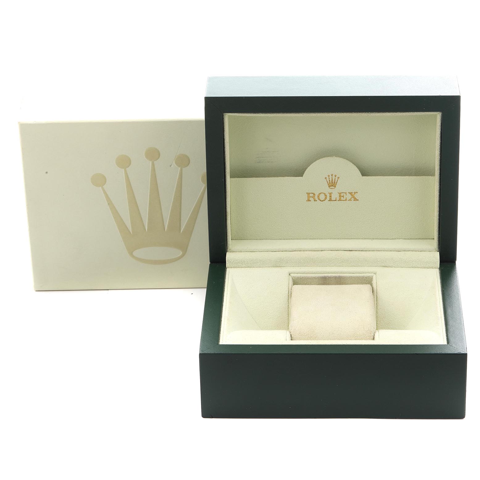 The image shows an open Rolex watch box for a GMT-Master, displaying the interior and a pillow cushion.