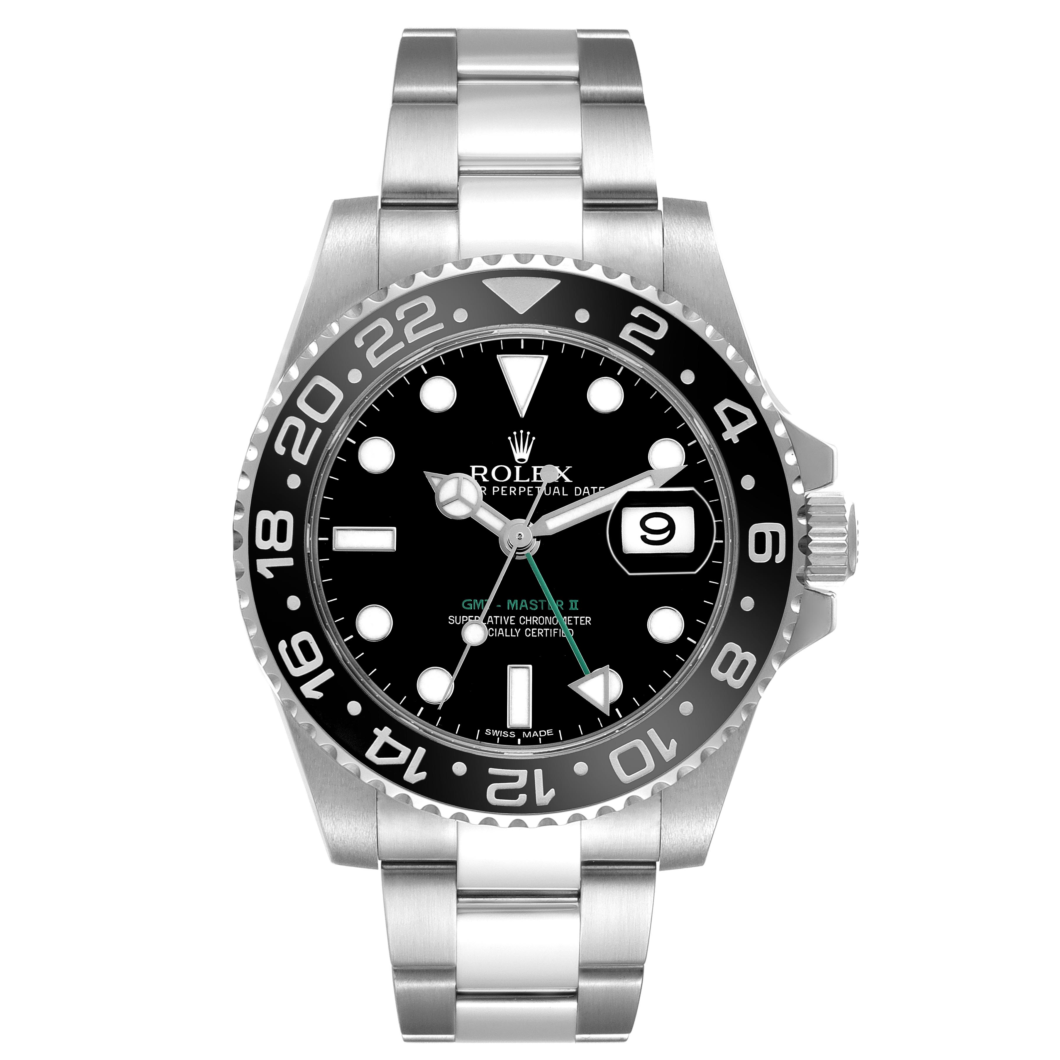 The Rolex GMT-Master 116710 Men's Stainless Steel Black Dial 116710 Men's Stainless Steel Black Dial watch is shown from the front, highlighting its bezel, dial, hands, and bracelet.