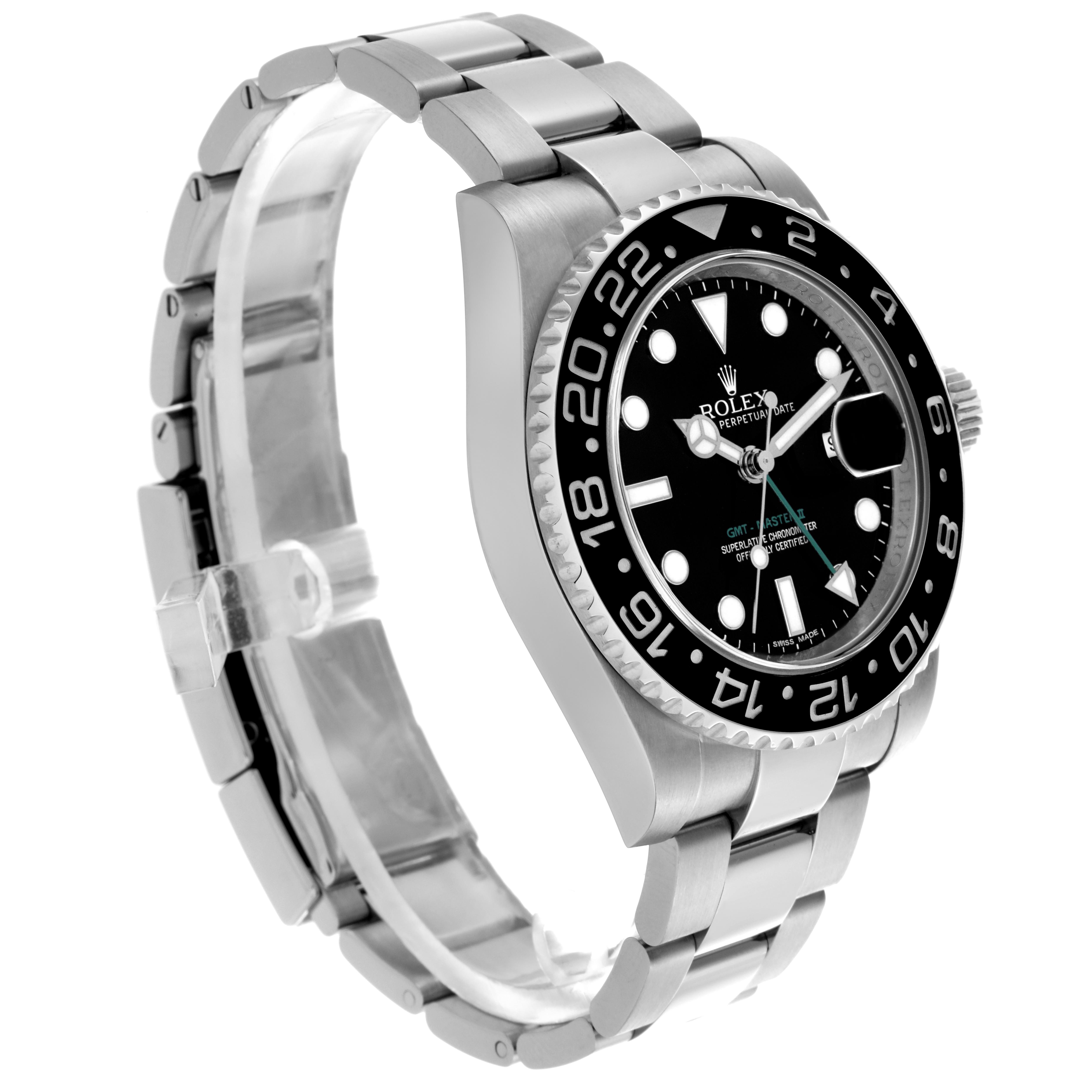 The Rolex GMT-Master 116710 Men's Stainless Steel Black Dial 116710 Men's Stainless Steel Black Dial watch is shown at an angled side view, highlighting the bezel, dial, and bracelet.