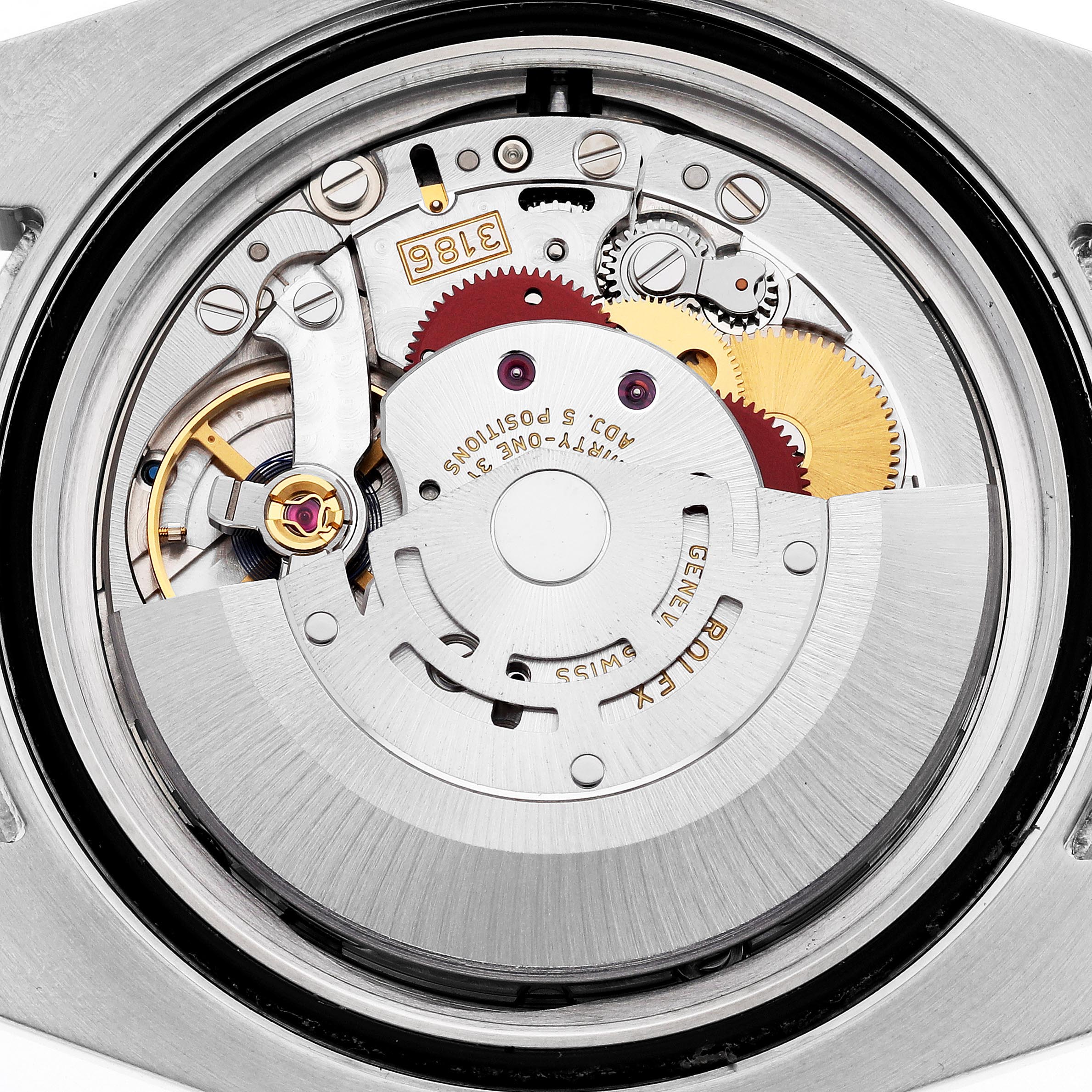 The image shows a close-up of the movement and inner workings of a Rolex GMT-Master 116710 Men's Stainless Steel Black Dial 116710 Men's Stainless Steel Black Dial watch.