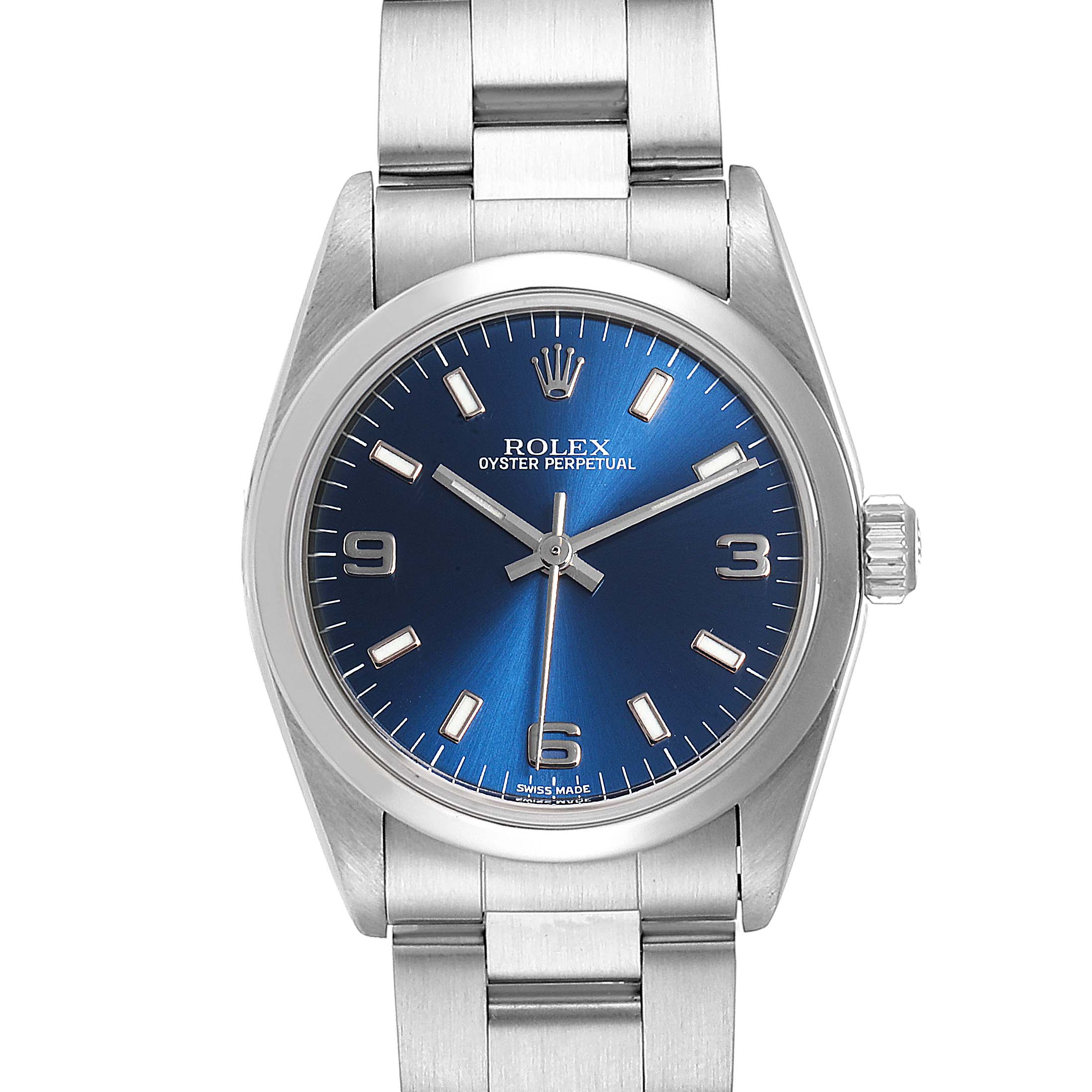 This is a front view of a Rolex Mid-Size 77080 Women
s Stainless Steel Blue Dial 77080 Women
s Stainless Steel Blue Dial Oyster Perpetual watch, showcasing its blue dial and stainless steel bracelet.