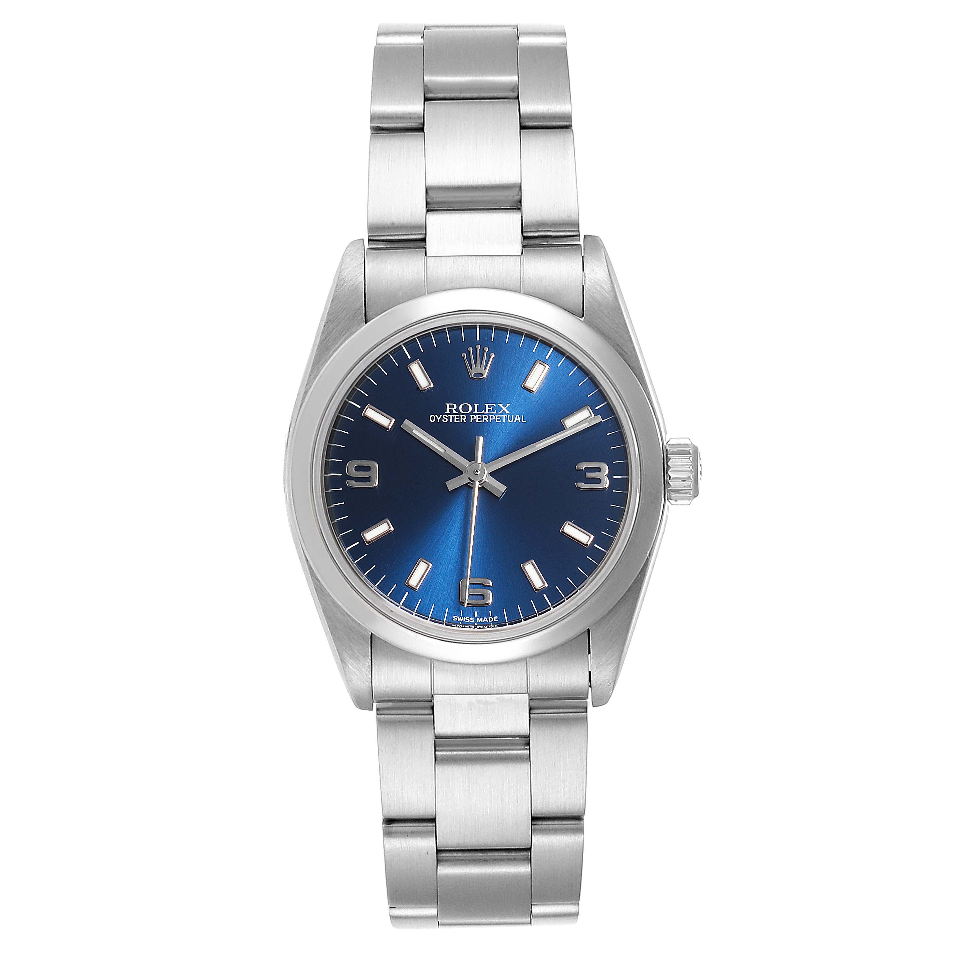 The image shows a front view of a Rolex Oyster Perpetual Mid-Size watch with a blue dial and stainless steel bracelet.