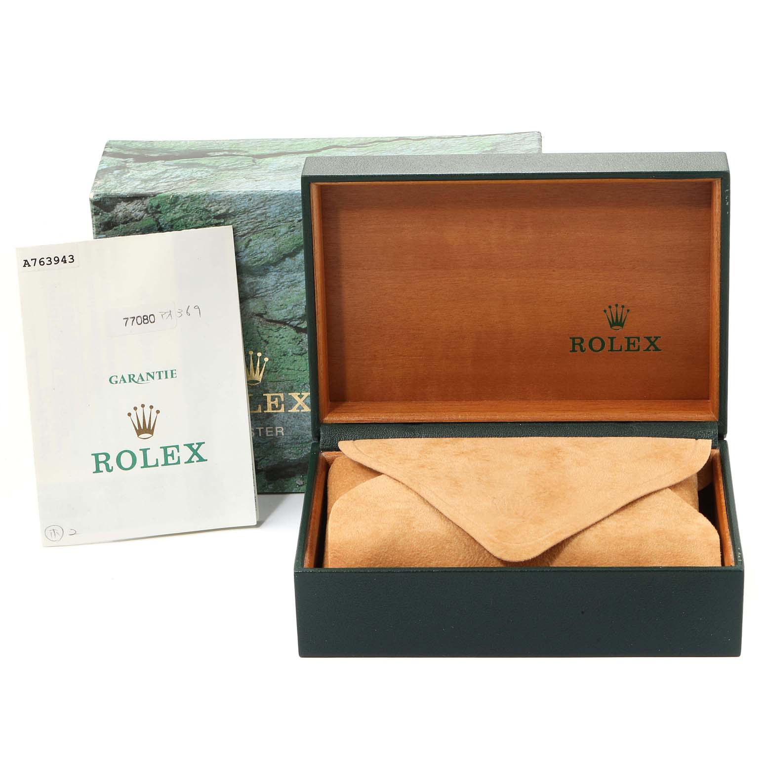 The image shows the open packaging and warranty card of a Rolex Mid-Size 77080 Women
s Stainless Steel Blue Dial 77080 Women
s Stainless Steel Blue Dial model watch at a front angle.