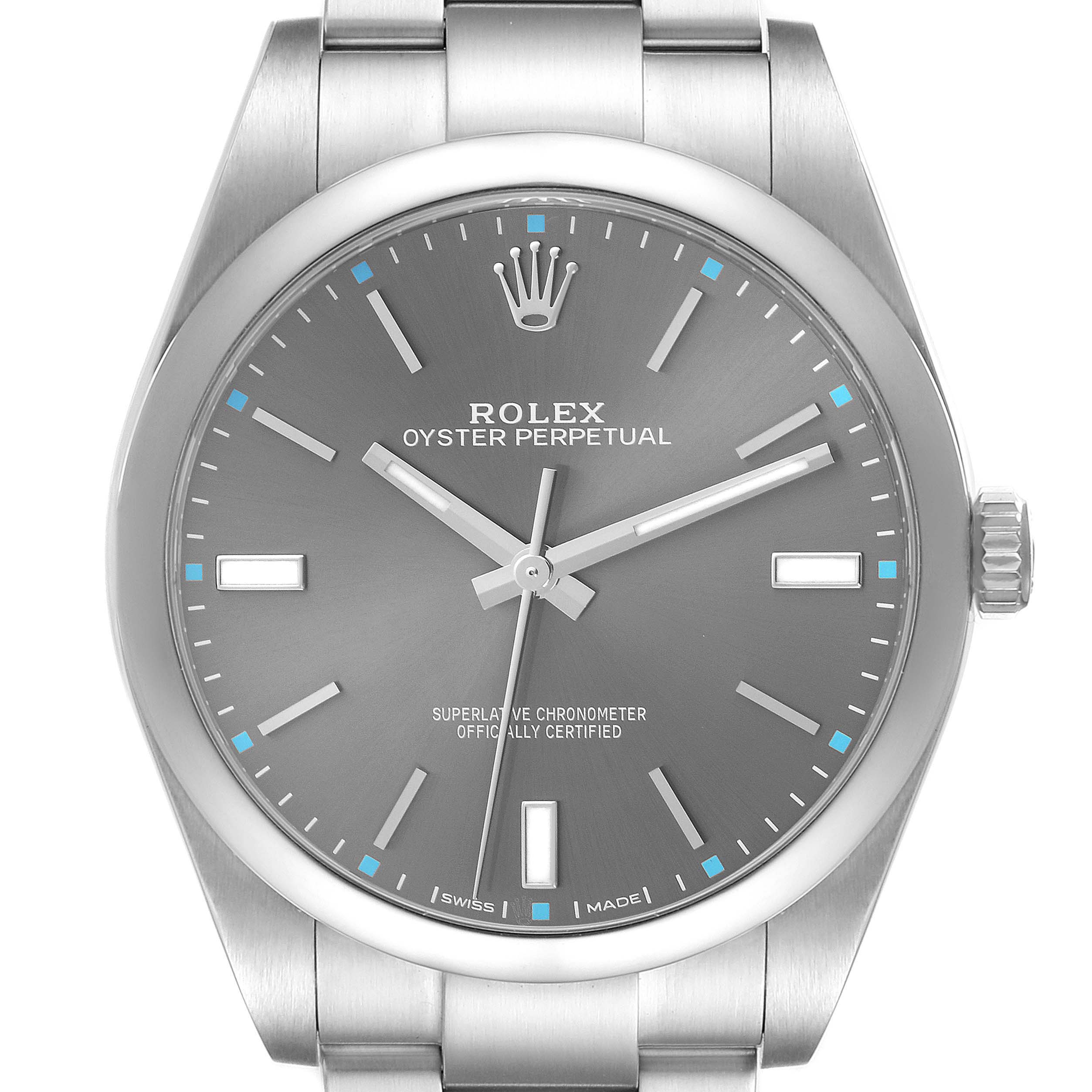 The Rolex Oyster Perpetual 114300 Men
s Stainless Steel Grey Dial 114300 Men
s Stainless Steel Grey Dial watch is shown from the front, displaying its face, crown, and partial bracelet.