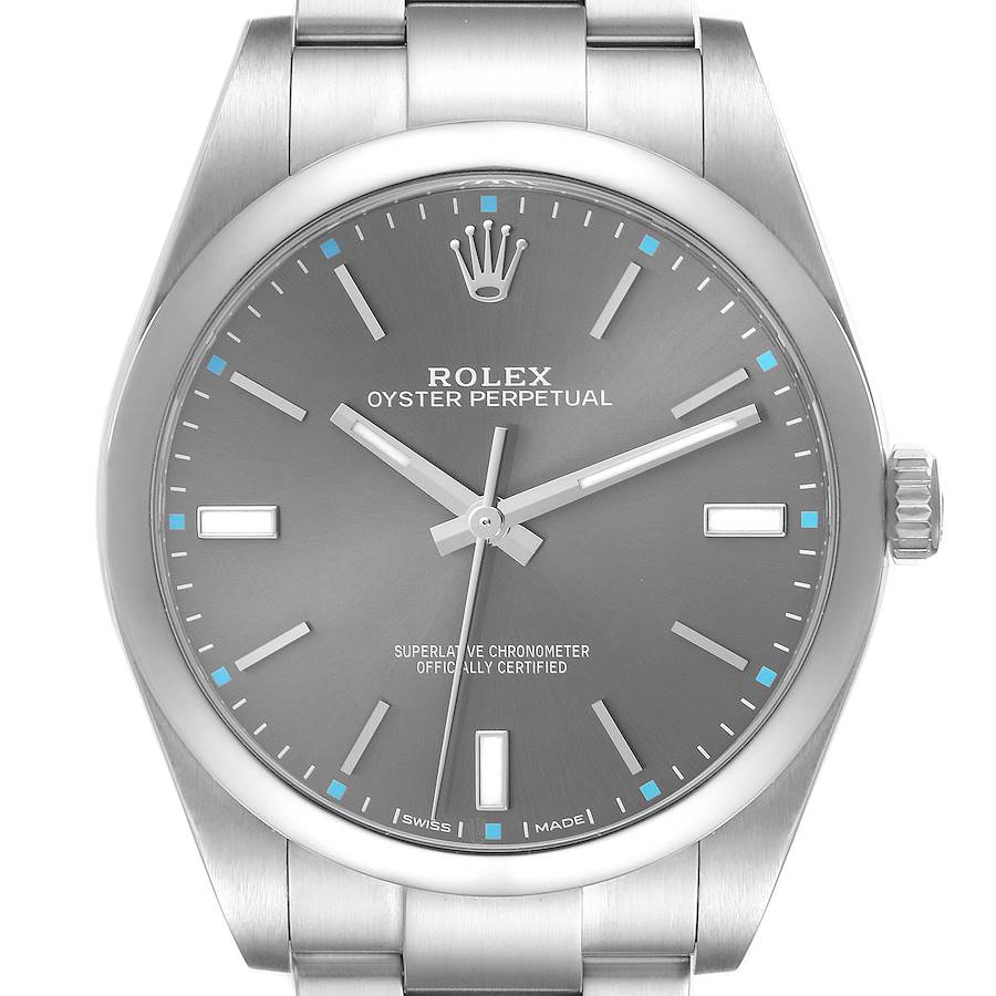 The Rolex Oyster Perpetual watch is shown from the front, displaying its face, crown, and partial bracelet.