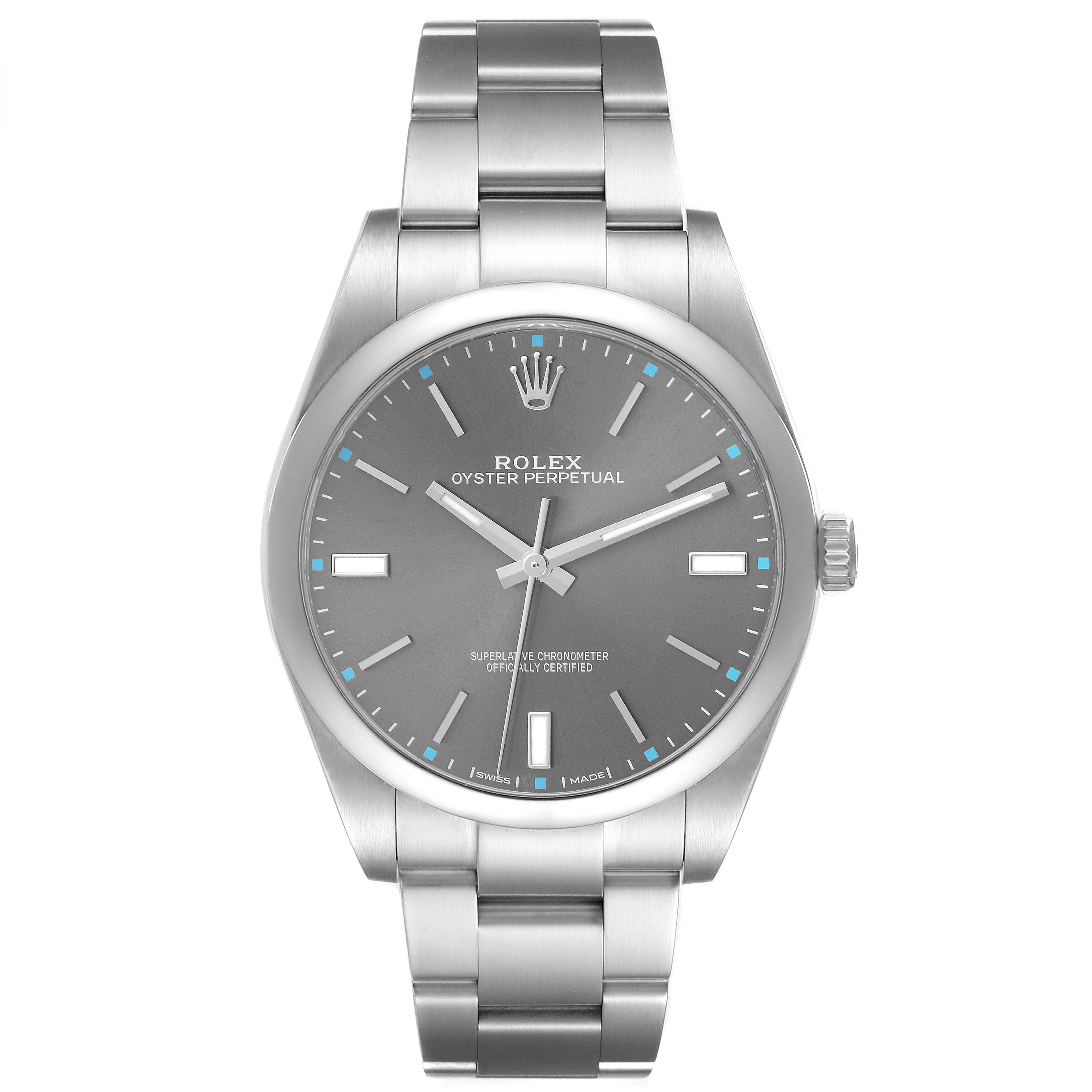 The Rolex Oyster Perpetual 114300 Men
s Stainless Steel Grey Dial 114300 Men
s Stainless Steel Grey Dial watch is shown from a front angle, displaying its face, hands, markers, bracelet, and crown.
