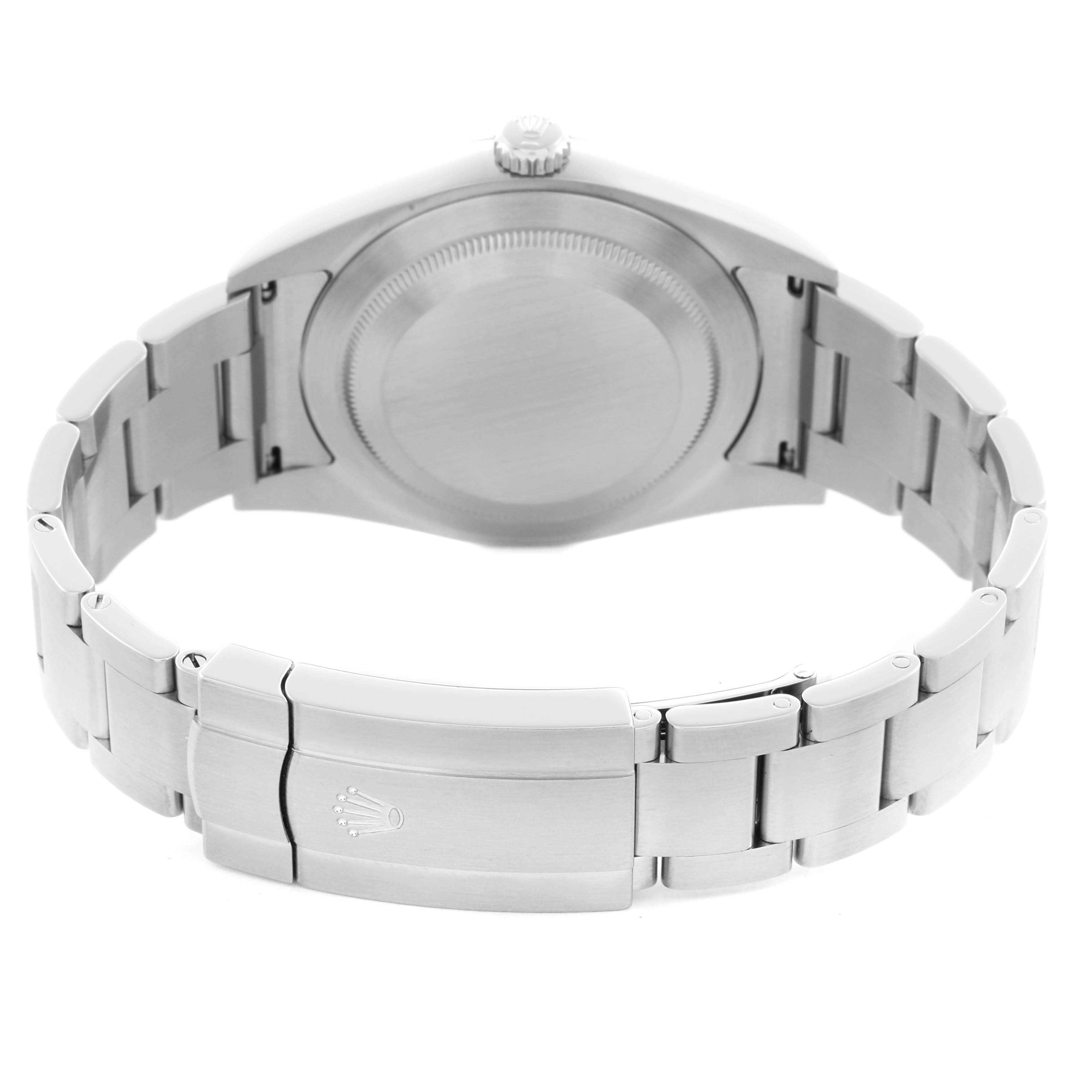 The image shows the back case and bracelet clasp of a Rolex Oyster Perpetual 114300 Men
s Stainless Steel Grey Dial 114300 Men
s Stainless Steel Grey Dial watch from a rear angle.