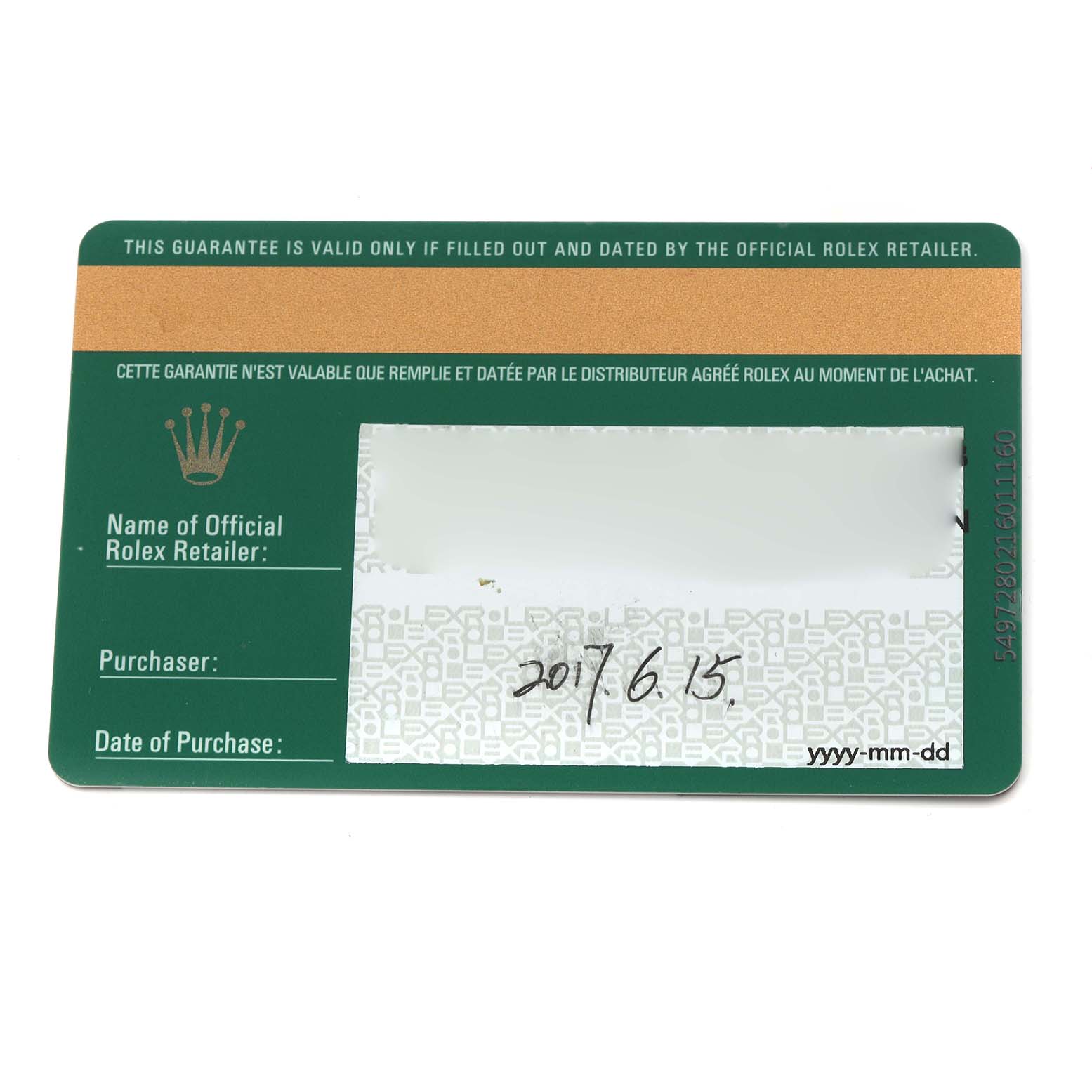 The image shows a guarantee card for a Rolex Oyster Perpetual 114300 Men
s Stainless Steel Grey Dial 114300 Men
s Stainless Steel Grey Dial watch, viewed from above.