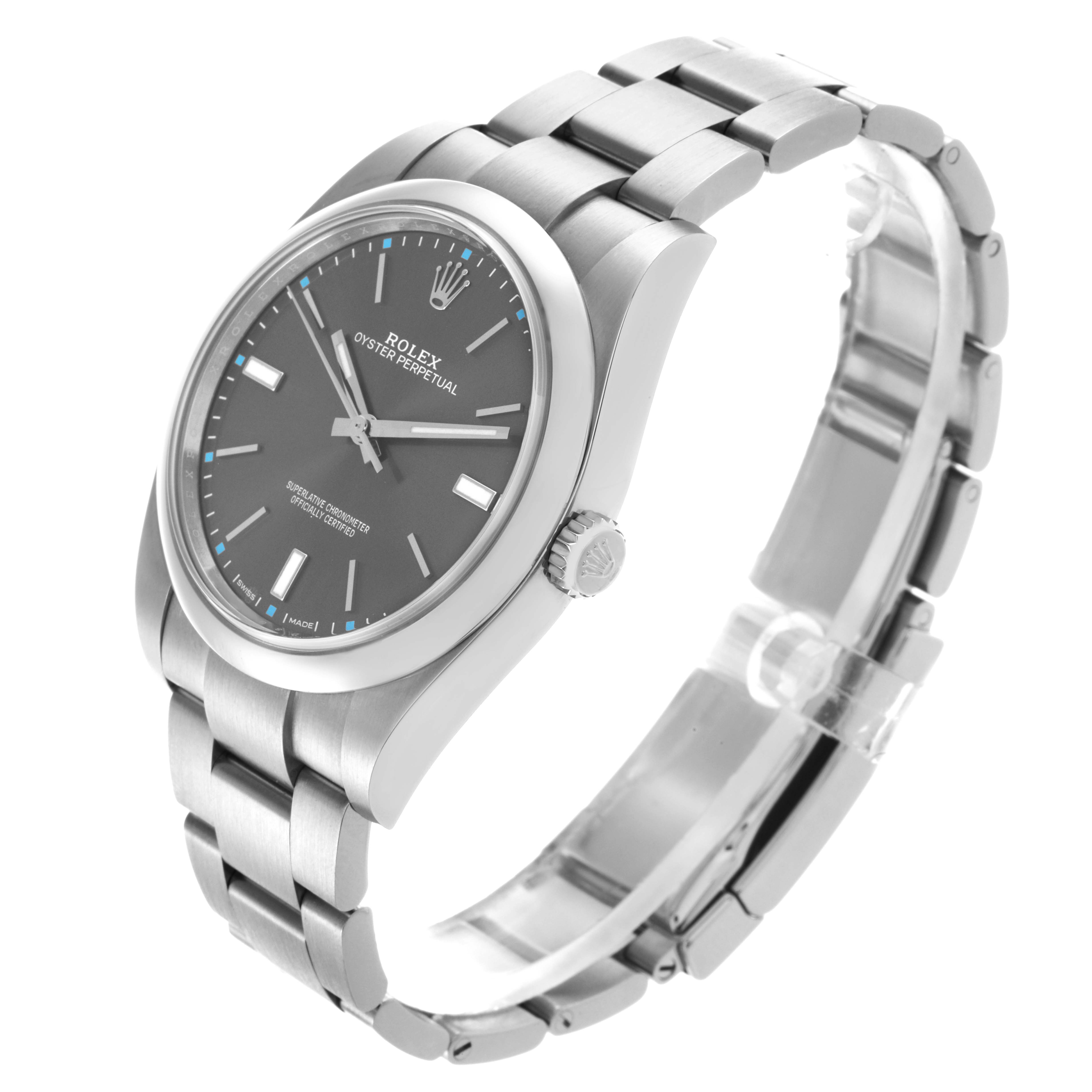 The Rolex Oyster Perpetual 114300 Men
s Stainless Steel Grey Dial 114300 Men
s Stainless Steel Grey Dial watch is shown at an angled side view, displaying the face, bezel, crown, and bracelet.