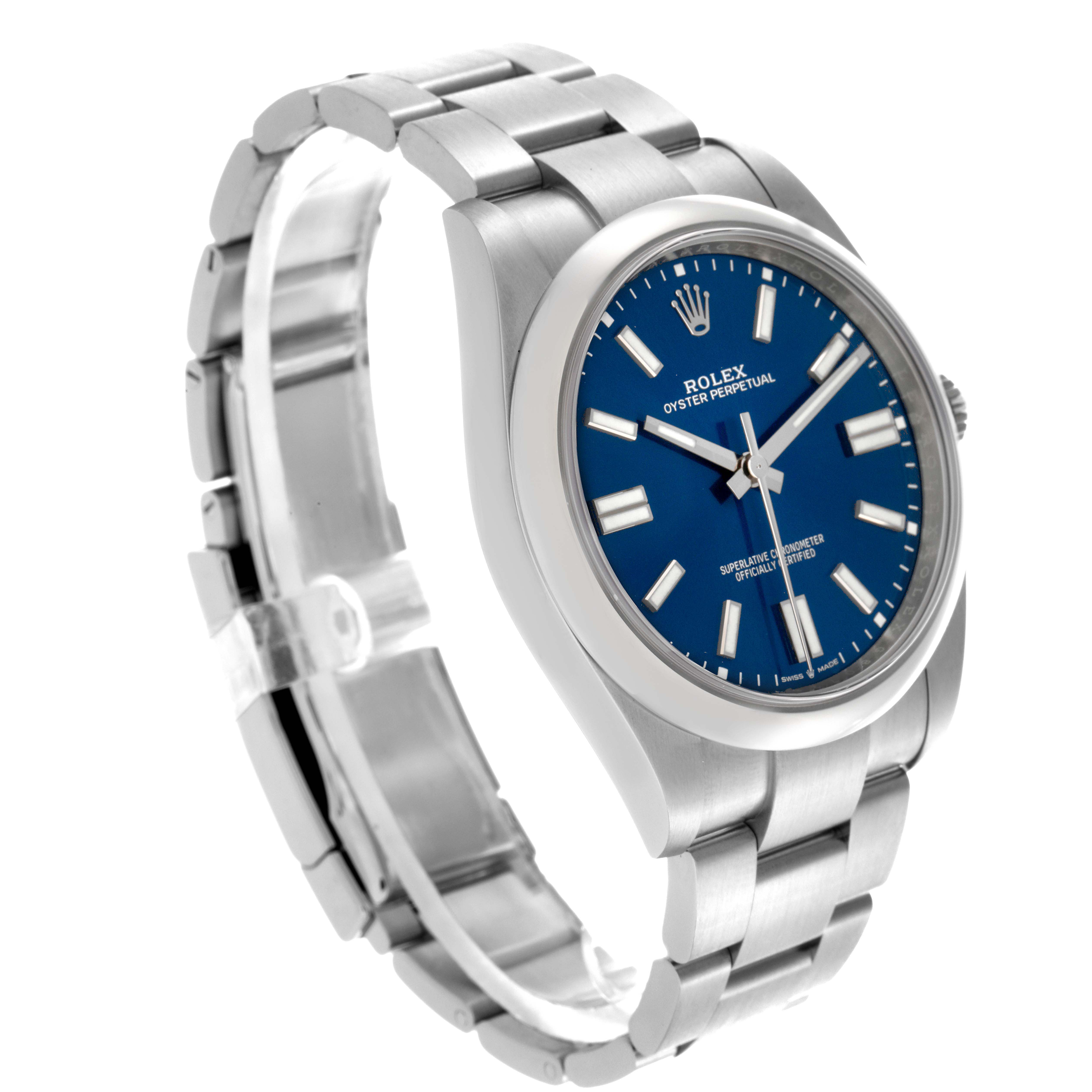 The Rolex Oyster Perpetual 124300 Men
s Stainless Steel Blue Dial 124300 Men
s Stainless Steel Blue Dial watch is shown at a three-quarter angle, highlighting its blue dial, bezel, and bracelet.
