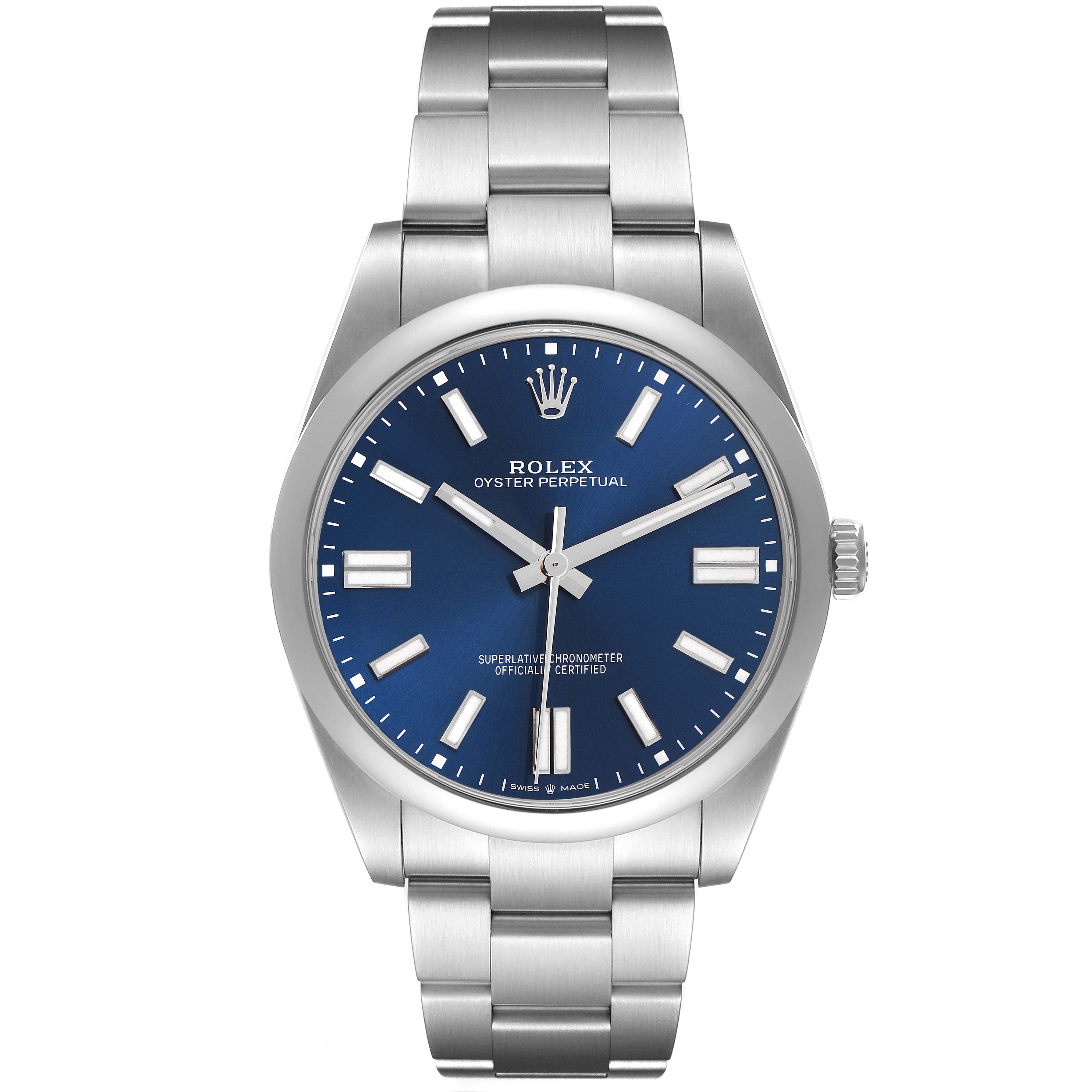 The Rolex Oyster Perpetual 124300 Men
s Stainless Steel Blue Dial 124300 Men
s Stainless Steel Blue Dial watch is shown from a front angle, displaying the dial, bracelet, and crown.