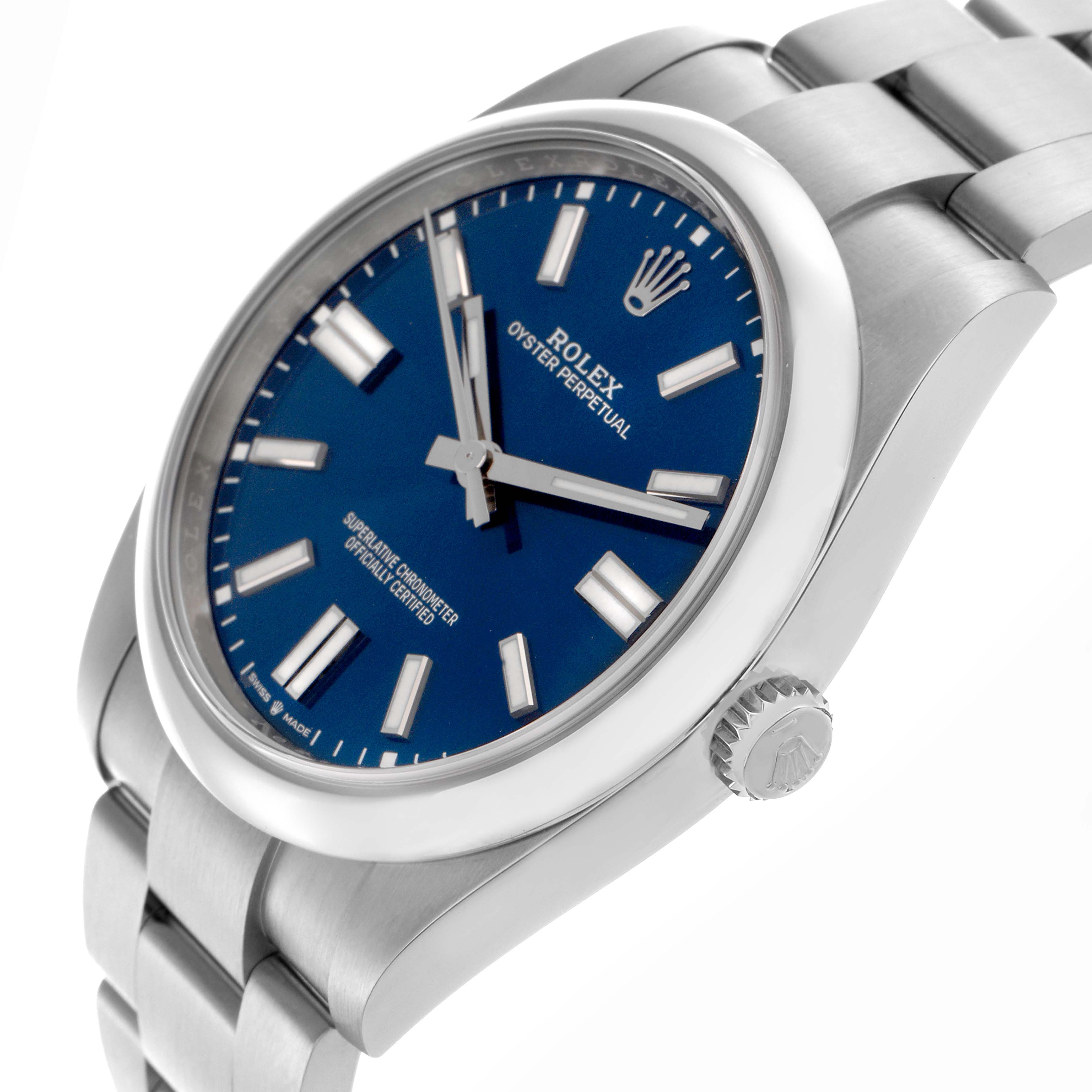 The Rolex Oyster Perpetual 124300 Men
s Stainless Steel Blue Dial 124300 Men
s Stainless Steel Blue Dial watch is shown at an angled view, highlighting the blue dial, crown, bezel, and part of the bracelet.