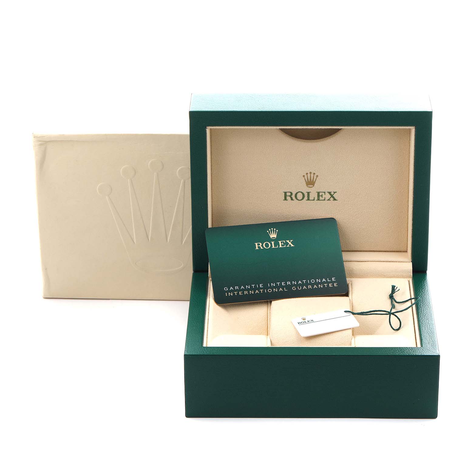 The image shows an open Rolex Oyster Perpetual 124300 Men
s Stainless Steel Blue Dial 124300 Men
s Stainless Steel Blue Dial box with a warranty card and tag, viewed from the front.