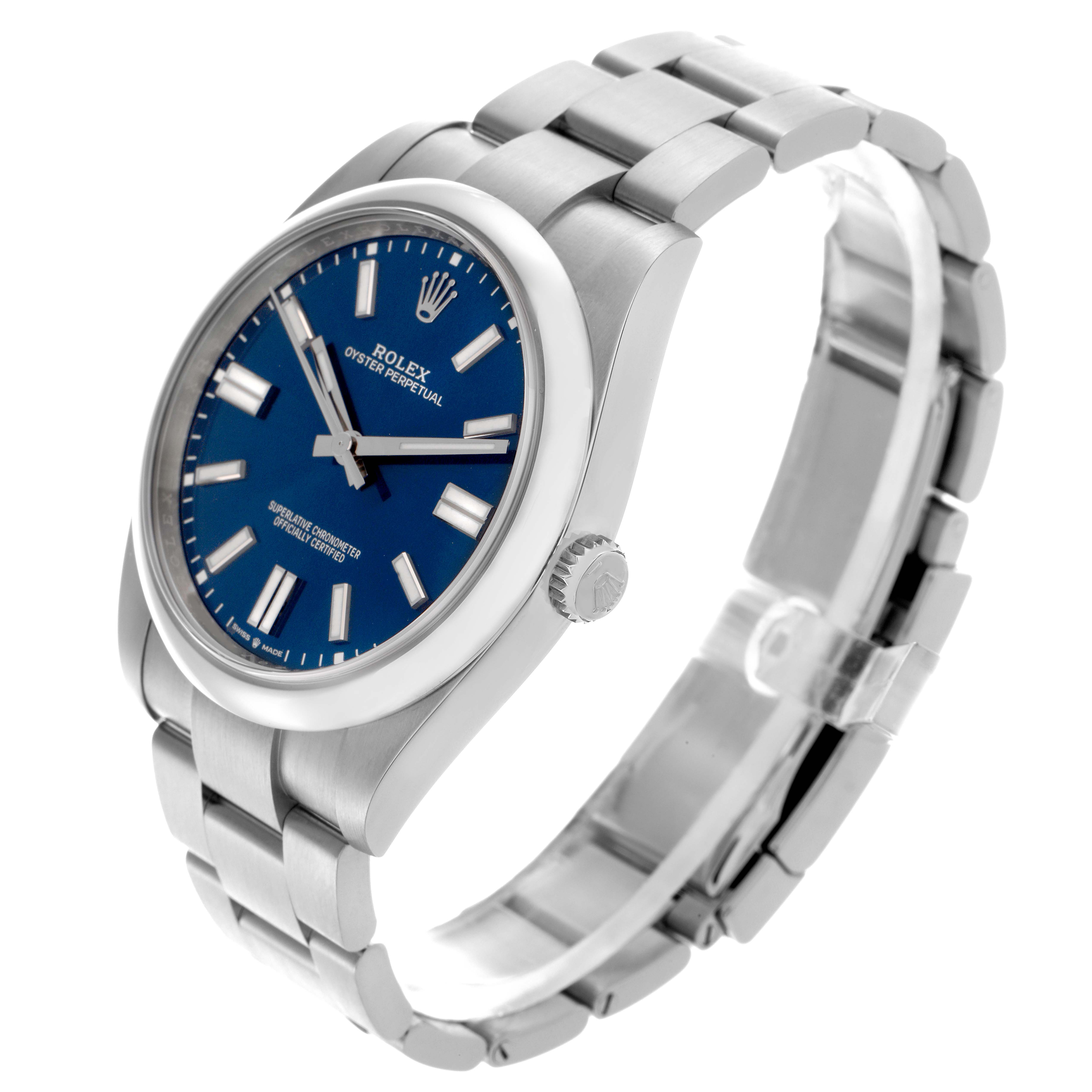 The Rolex Oyster Perpetual 124300 Men
s Stainless Steel Blue Dial 124300 Men
s Stainless Steel Blue Dial watch is shown at a slight angle, displaying its blue dial, crown, and part of the metal bracelet.