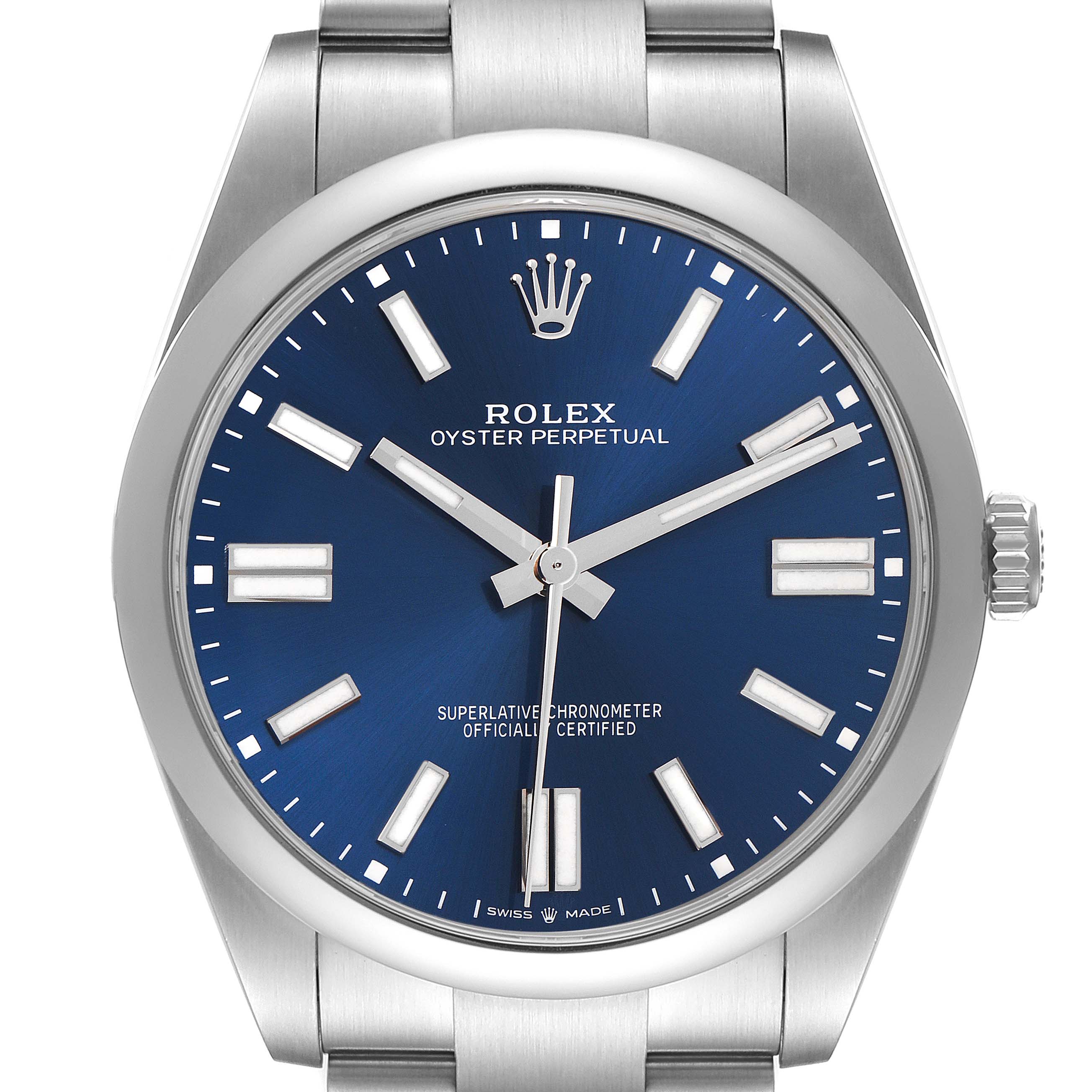 The Rolex Oyster Perpetual 124300 Men
s Stainless Steel Blue Dial 124300 Men
s Stainless Steel Blue Dial watch is shown from the front, displaying its blue dial, silver hour markers, and stainless steel bracelet.