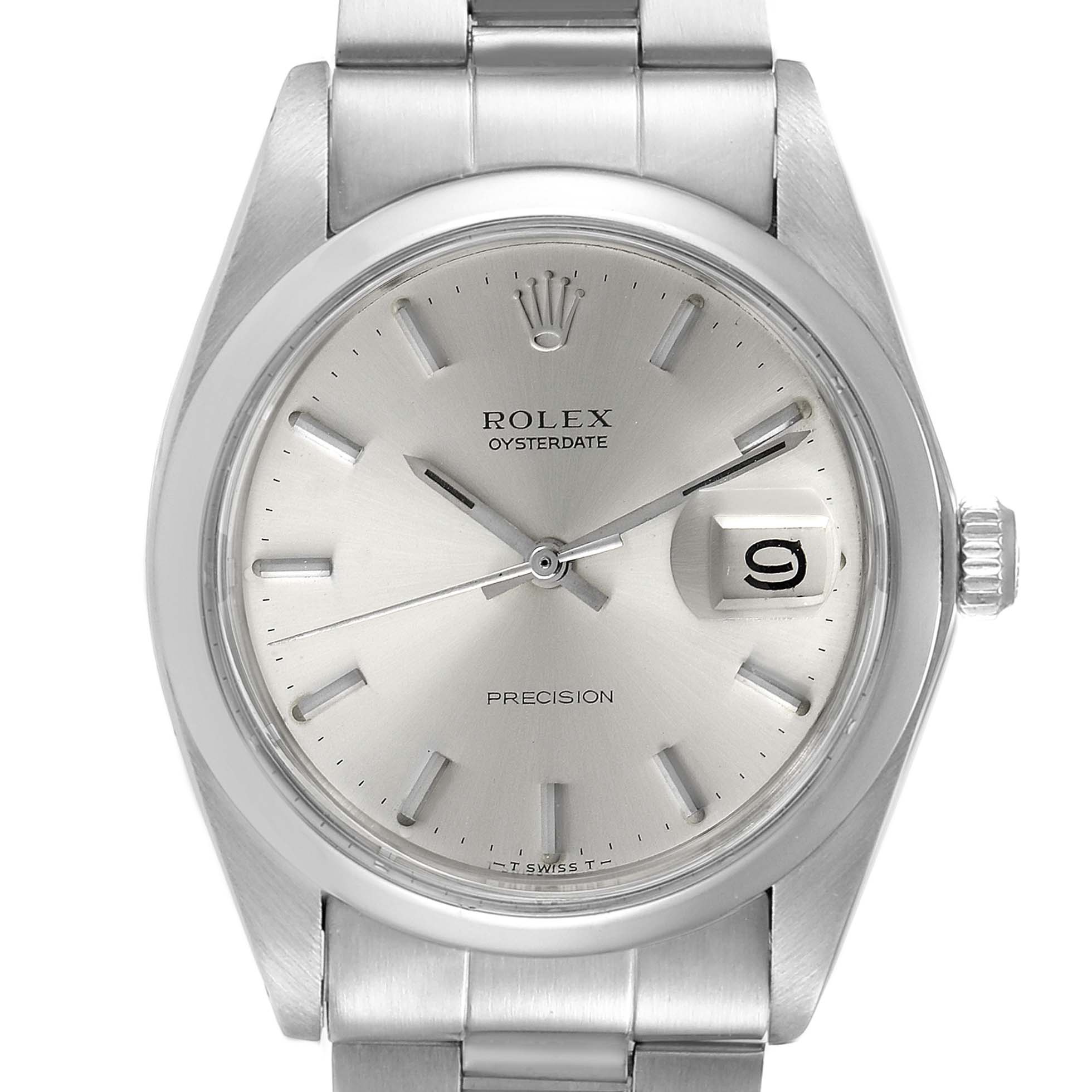 The image shows a front view of the Rolex Vintage Collection 6694 Men
s Stainless Steel Silver Dial 6694 Men
s Stainless Steel Silver Dial Oysterdate model, highlighting the dial, hands, date magnifier, crown, and bracelet.