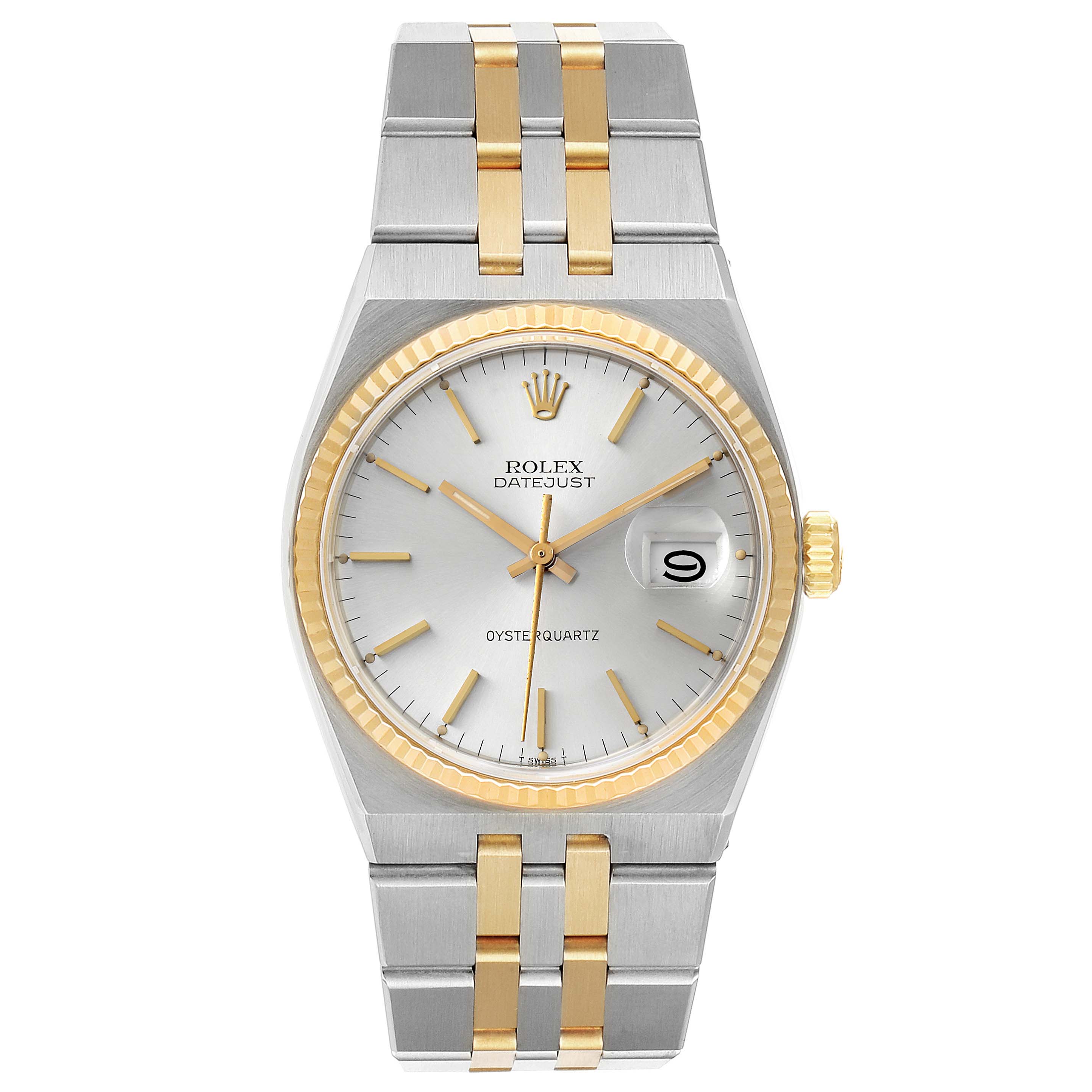 This Rolex Oysterquartz 17013 Men
s Steel and Gold (two tone) Silver Dial 17013 Men
s Steel and Gold (two tone) Silver Dial watch is shown from a front angle, highlighting the dial, case, bracelet, and crown.