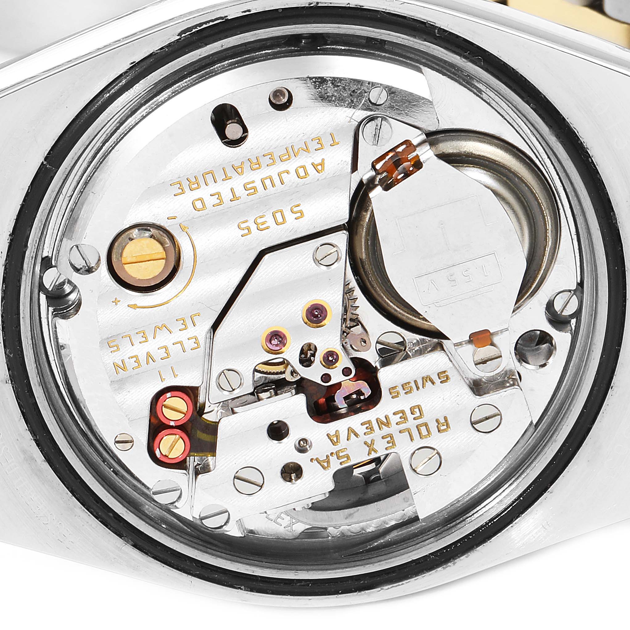 The image shows the internal movement of a Rolex Oysterquartz 17013 Men
s Steel and Gold (two tone) Silver Dial 17013 Men
s Steel and Gold (two tone) Silver Dial watch from the back angle, displaying its intricate components.