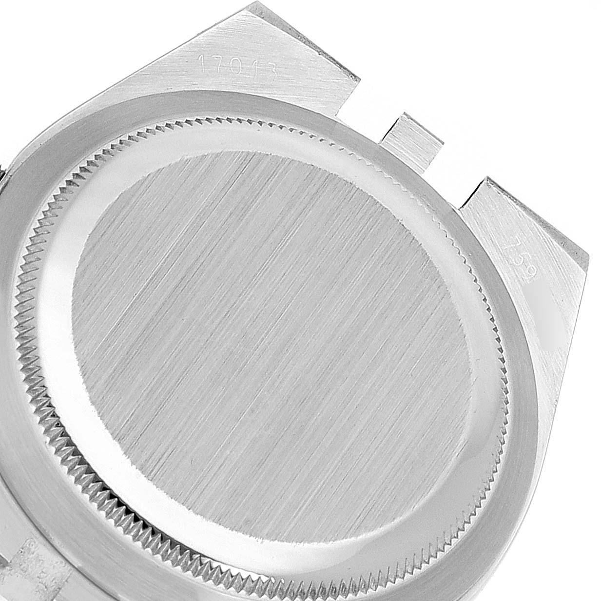 The image shows the case back and lugs of a Rolex Oysterquartz 17013 Men's Steel and Gold (two tone) Blue Dial 17013 Men's Steel and Gold (two tone) Blue Dial watch from a top-down angle.