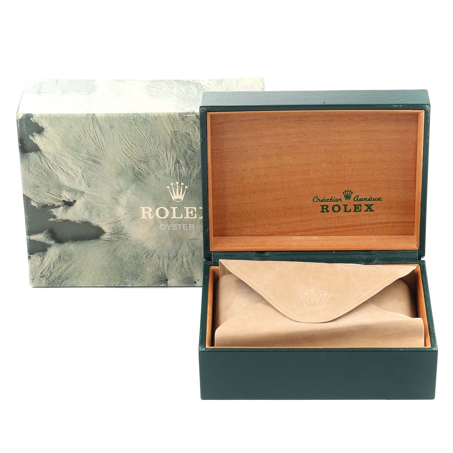 The image shows an open Rolex Oysterquartz 17013 Men's Steel and Gold (two tone) Blue Dial 17013 Men's Steel and Gold (two tone) Blue Dial box with its packaging, an interior wooden lining, and a suede envelope.