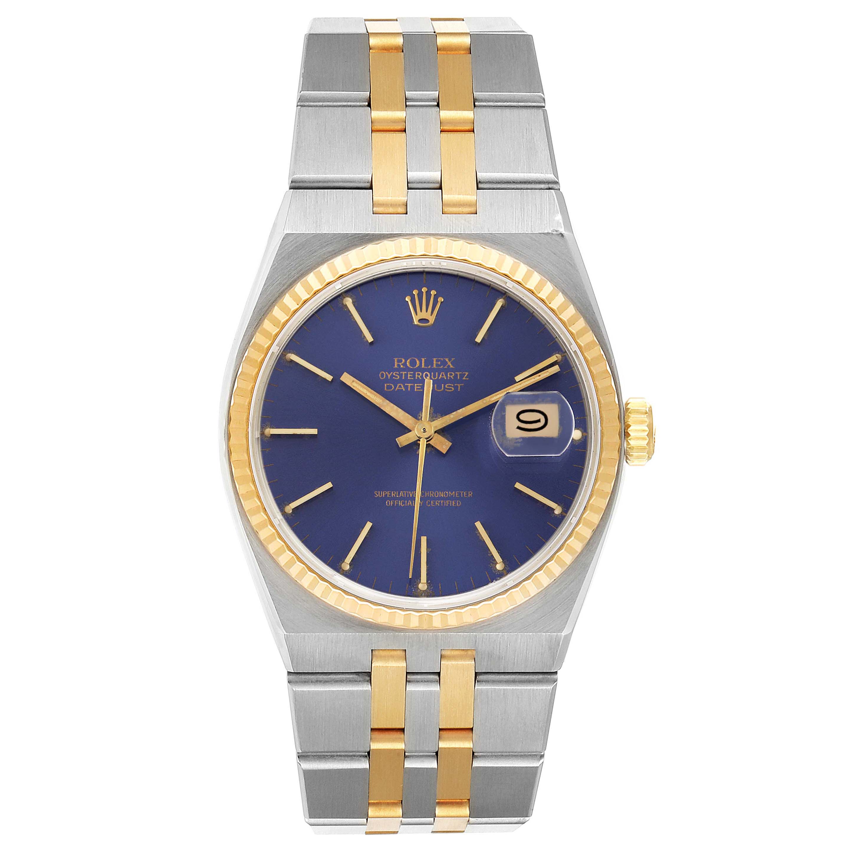 The Rolex Oysterquartz 17013 Men's Steel and Gold (two tone) Blue Dial 17013 Men's Steel and Gold (two tone) Blue Dial Datejust watch is shown from a front angle, highlighting its blue dial, gold accents, and two-tone bracelet.