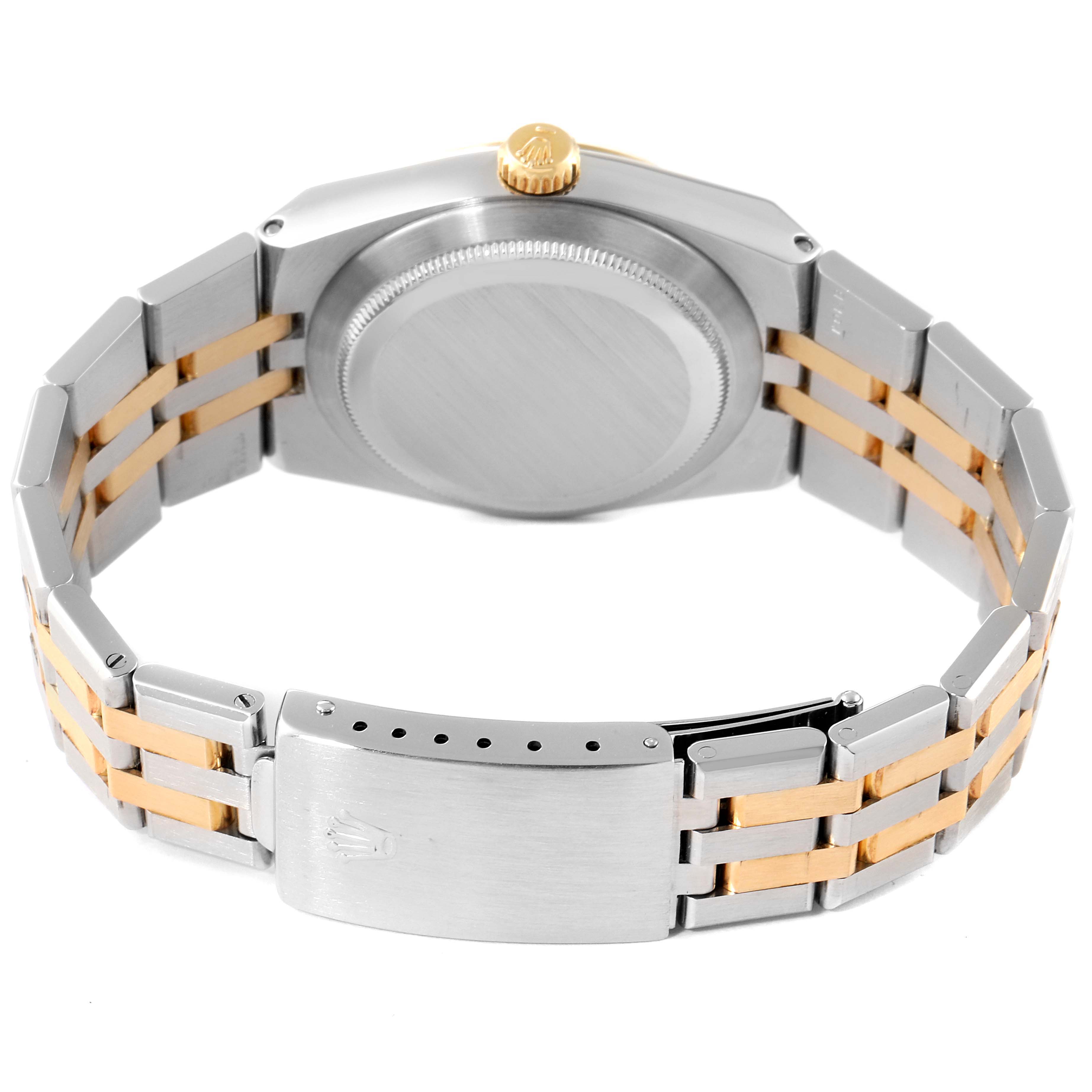 The image shows the back view of a Rolex Oysterquartz 17013 Men's Steel and Gold (two tone) Blue Dial 17013 Men's Steel and Gold (two tone) Blue Dial watch, displaying the case back, crown, and two-tone bracelet with clasp.