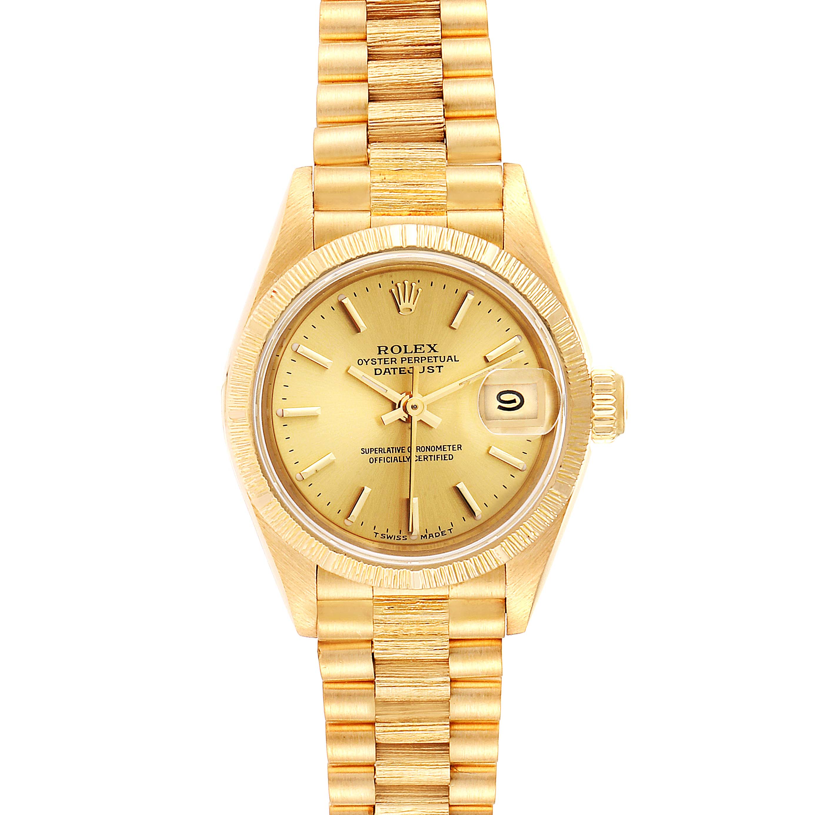 The image shows a front view of the Rolex President 69278 Women
s Yellow Gold Champagne Dial 69278 Women
s Yellow Gold Champagne Dial model watch, highlighting its gold dial, date display, and gold bracelet.