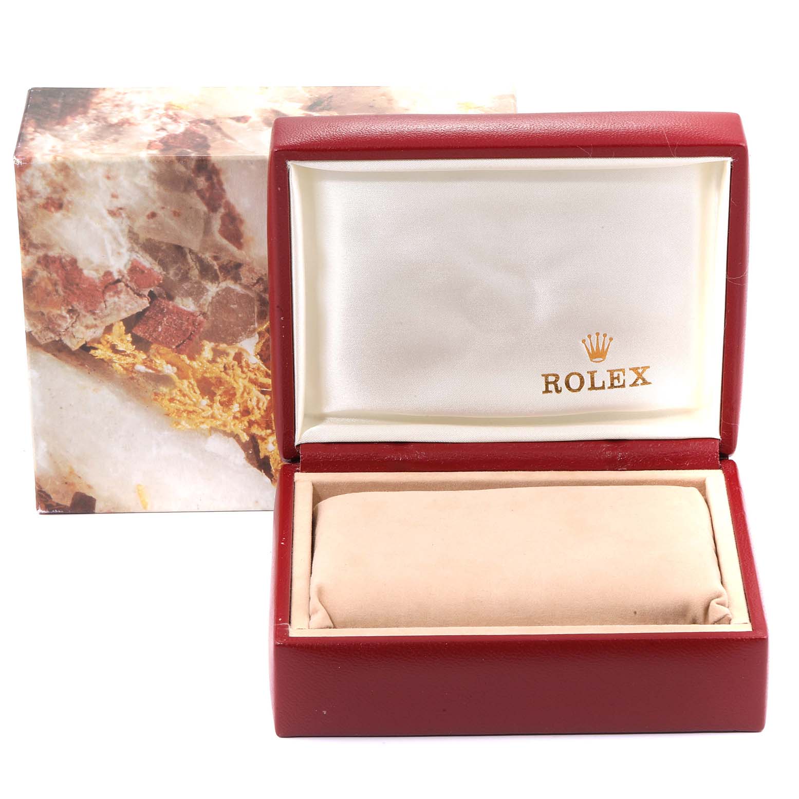 The image shows a Rolex President 69278 Women
s Yellow Gold Champagne Dial 69278 Women
s Yellow Gold Champagne Dial model watch box with an open lid, exposing the interior pillow.