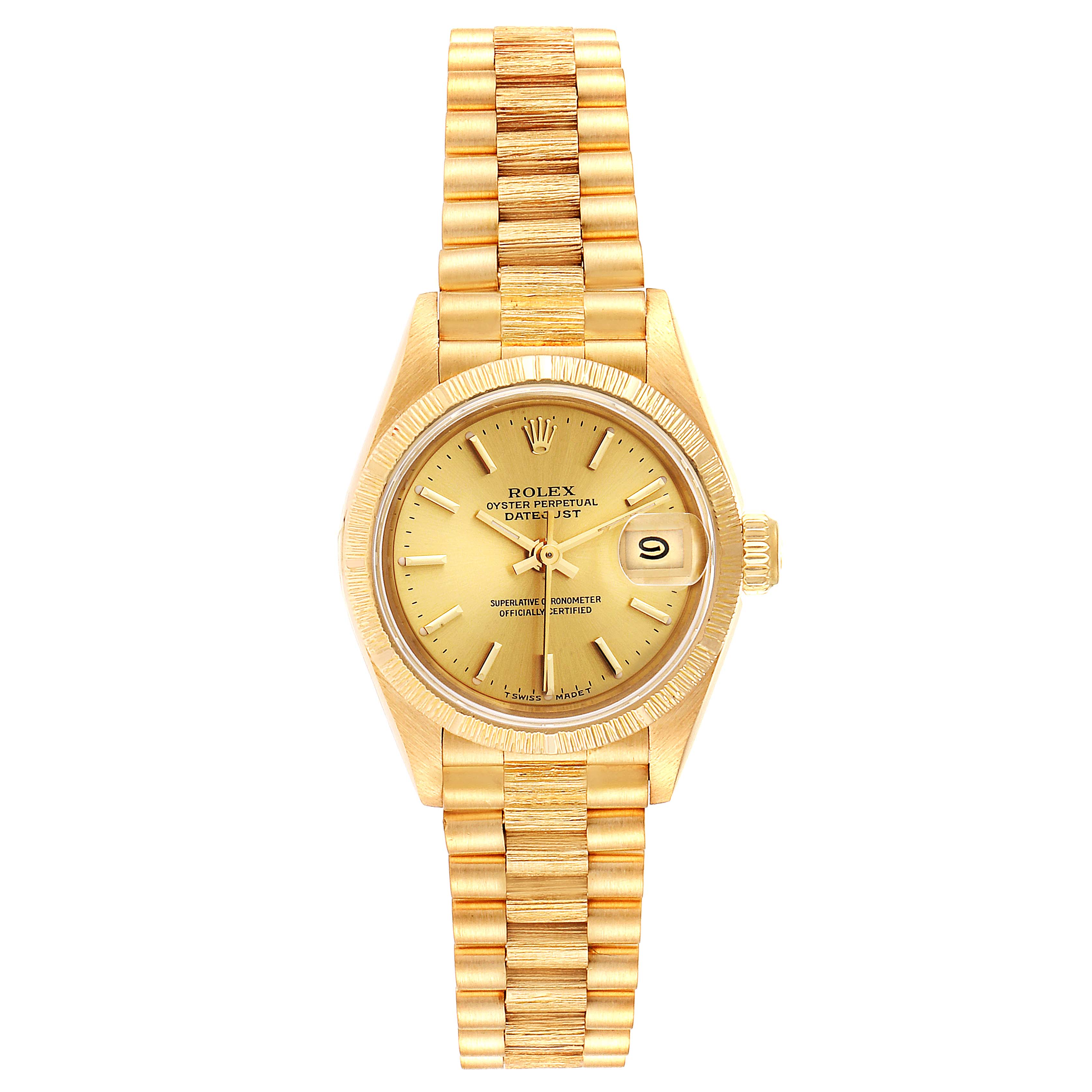 The image shows a front view of a Rolex President 69278 Women
s Yellow Gold Champagne Dial 69278 Women
s Yellow Gold Champagne Dial model watch, displaying its gold dial, bracelet, and date window at 3 o
clock.