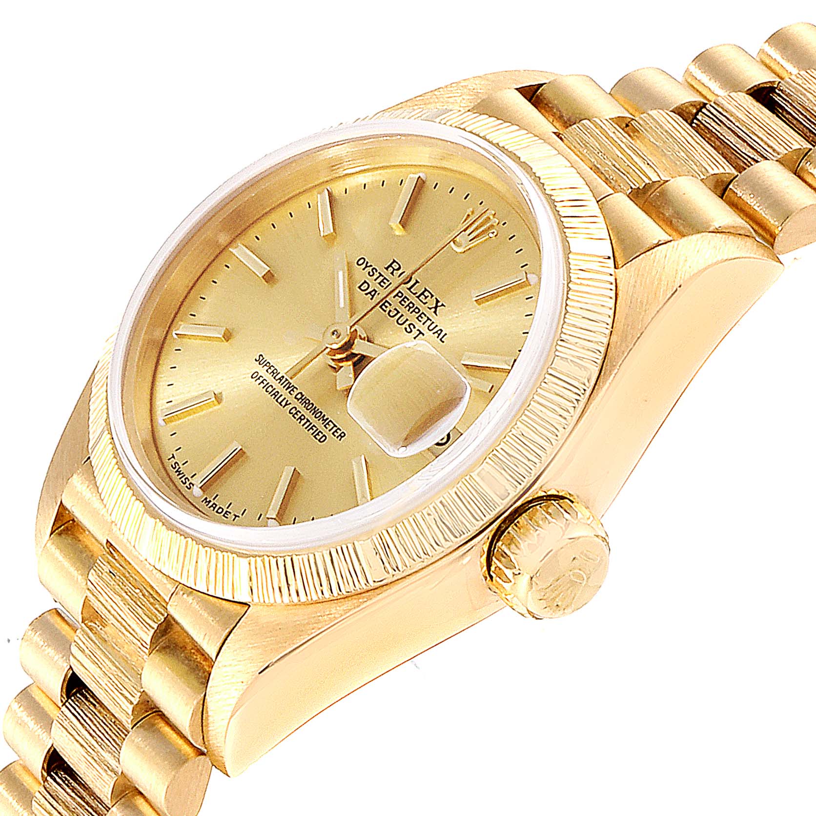 The image shows a close-up angle of the Rolex President 69278 Women
s Yellow Gold Champagne Dial 69278 Women
s Yellow Gold Champagne Dial model watch, highlighting the dial, crown, and a portion of the bracelet.