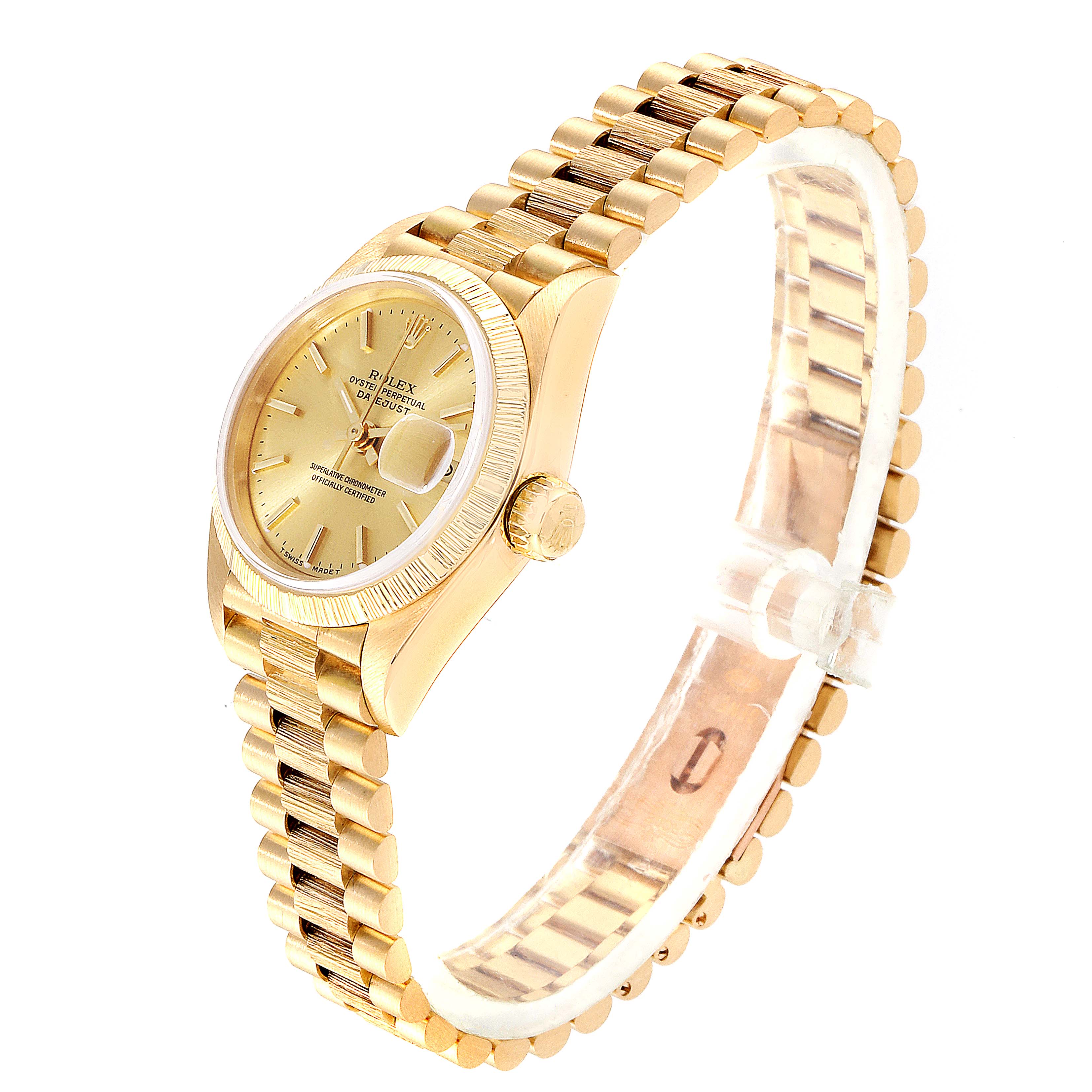 The image shows a side view of the Rolex President 69278 Women
s Yellow Gold Champagne Dial 69278 Women
s Yellow Gold Champagne Dial model watch, highlighting the gold case, bracelet, and crown.