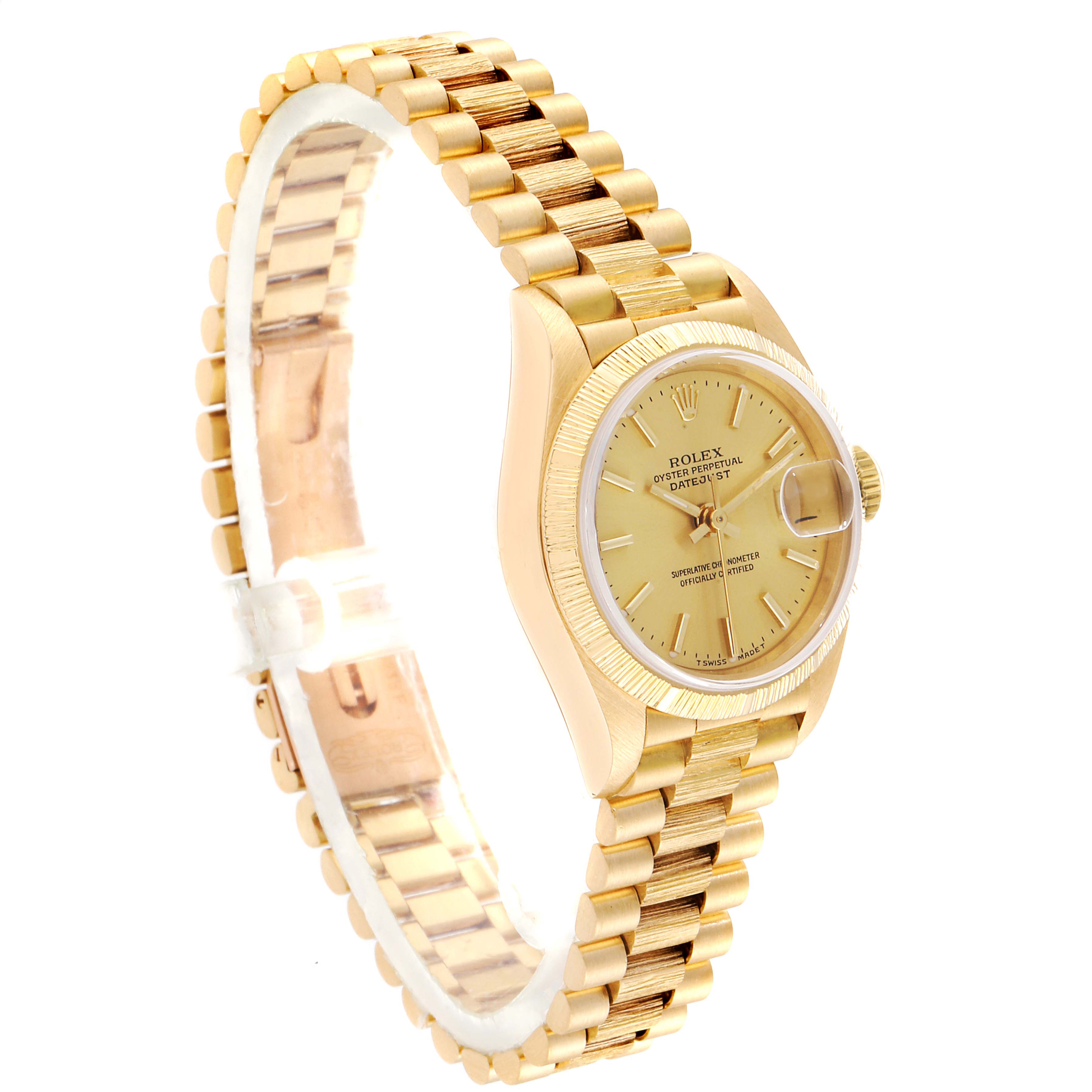 The image shows a side-angle view of a Rolex President 69278 Women
s Yellow Gold Champagne Dial 69278 Women
s Yellow Gold Champagne Dial model watch, highlighting its gold bracelet, case, and dial.