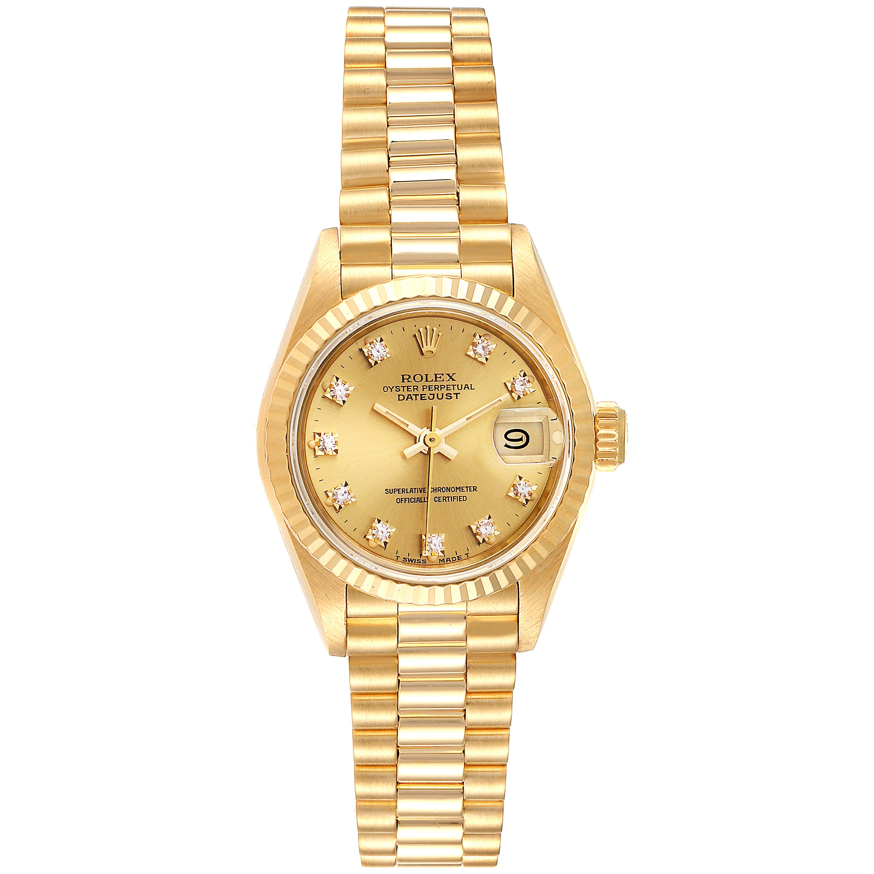 The image shows a front view of a Rolex President 69178 Women
s Yellow Gold Champagne Dial 69178 Women
s Yellow Gold Champagne Dial model watch, highlighting the face, bezel, and bracelet.