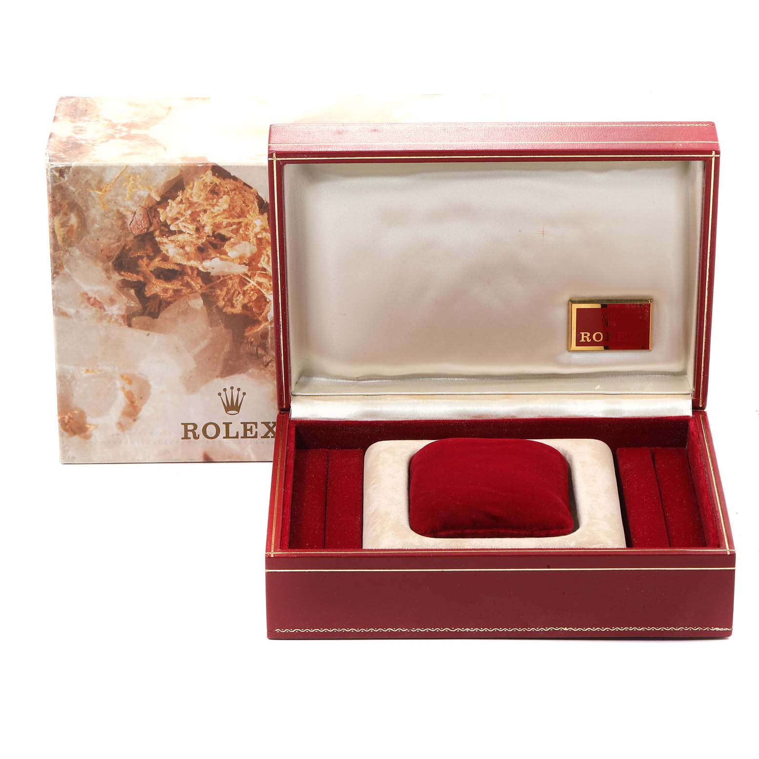 The image shows an open Rolex President 69178 Women
s Yellow Gold Champagne Dial 69178 Women
s Yellow Gold Champagne Dial model watch box from a front angle, displaying its red and gold interior.