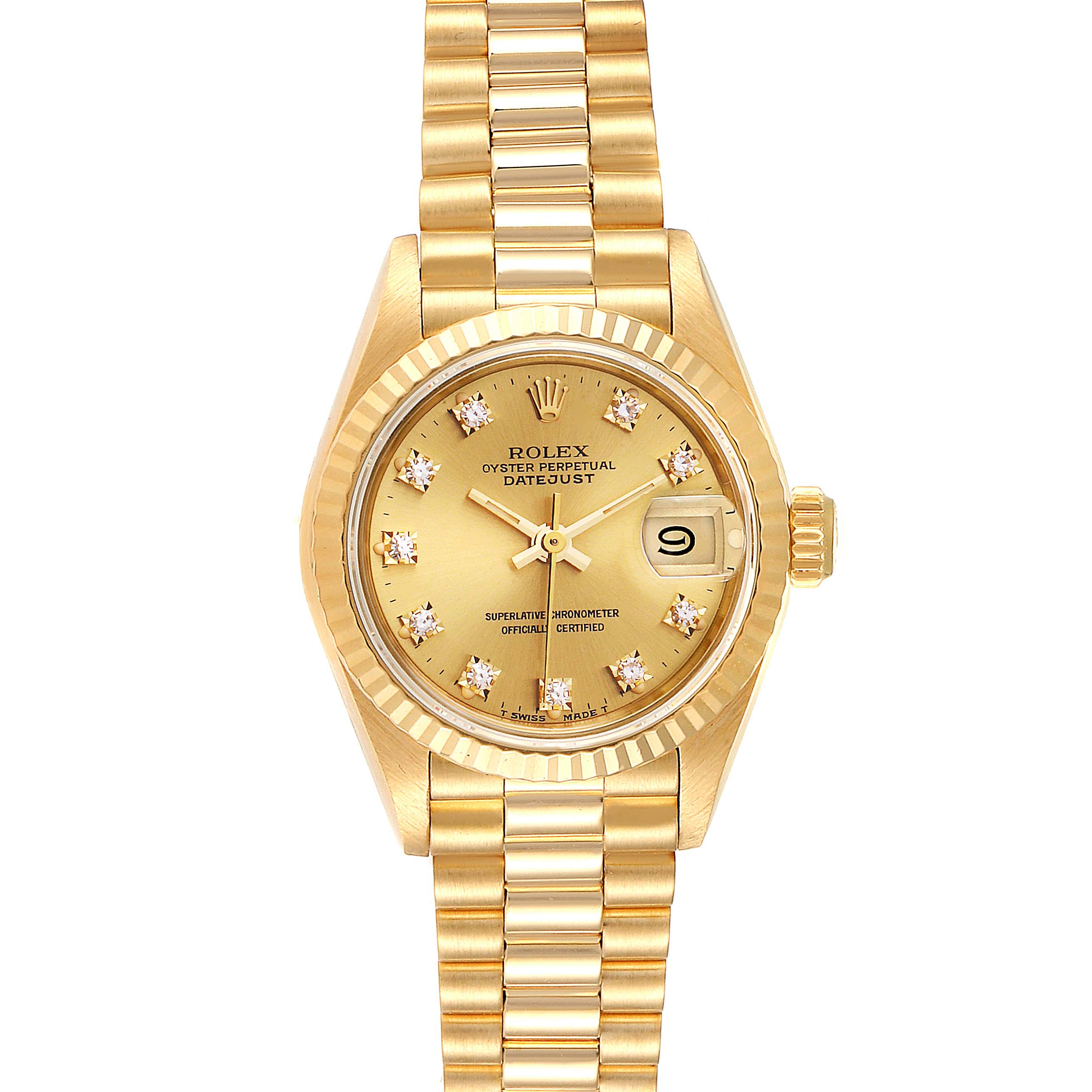 This image shows a close-up, front view of a Rolex President 69178 Women
s Yellow Gold Champagne Dial 69178 Women
s Yellow Gold Champagne Dial model watch, highlighting the dial, bracelet, and date window.