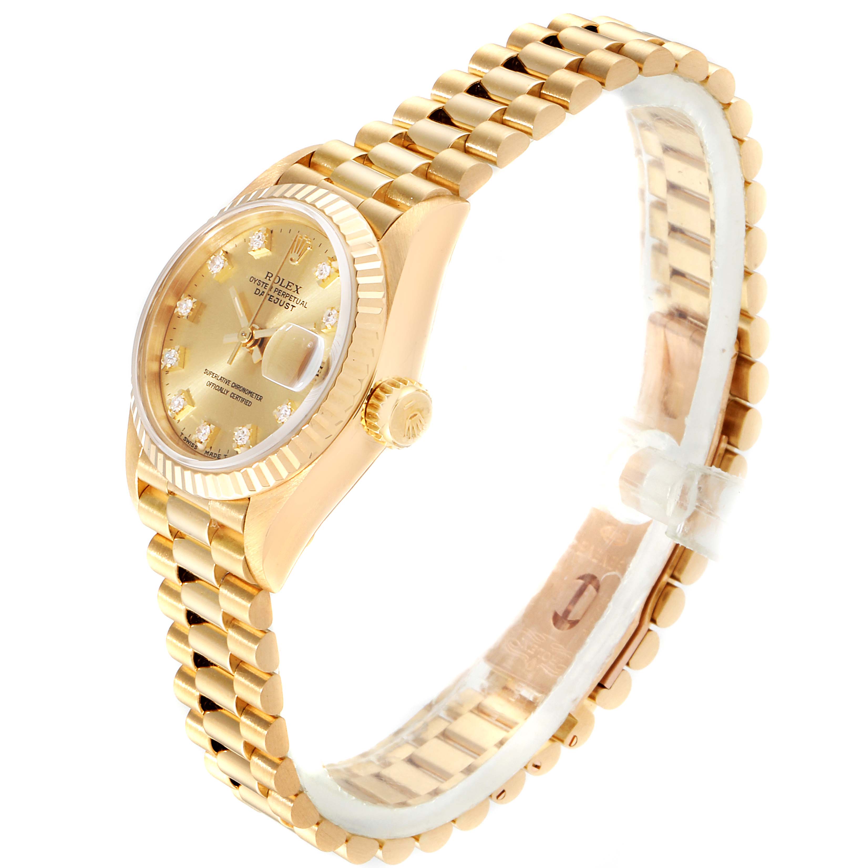The Rolex President 69178 Women
s Yellow Gold Champagne Dial 69178 Women
s Yellow Gold Champagne Dial model watch is shown at a three-quarter angle, displaying its gold case, band, dial, and crown.