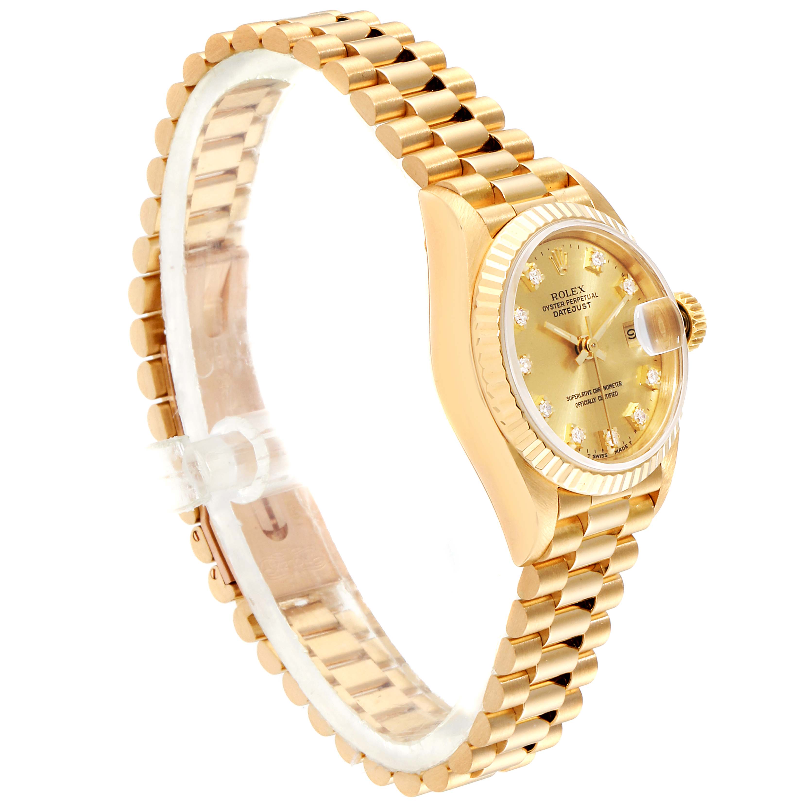 The Rolex President 69178 Women
s Yellow Gold Champagne Dial 69178 Women
s Yellow Gold Champagne Dial model watch is shown from a side angle, displaying the band, dial, bezel, and crown.