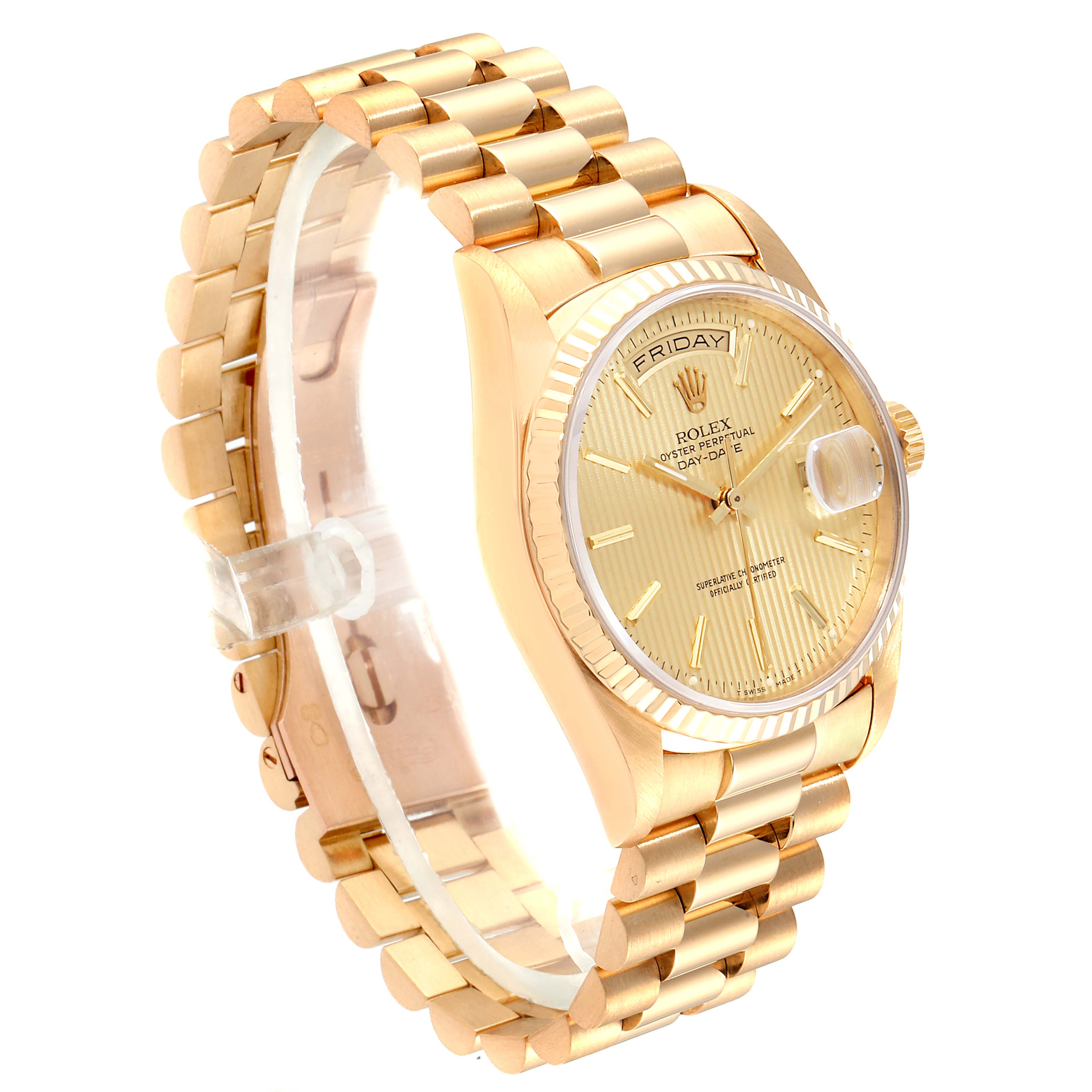 The image shows a side view of a gold Rolex President 18238 Men
s Yellow Gold Champagne Dial 18238 Men
s Yellow Gold Champagne Dial model watch, featuring its bracelet, case, and dial.