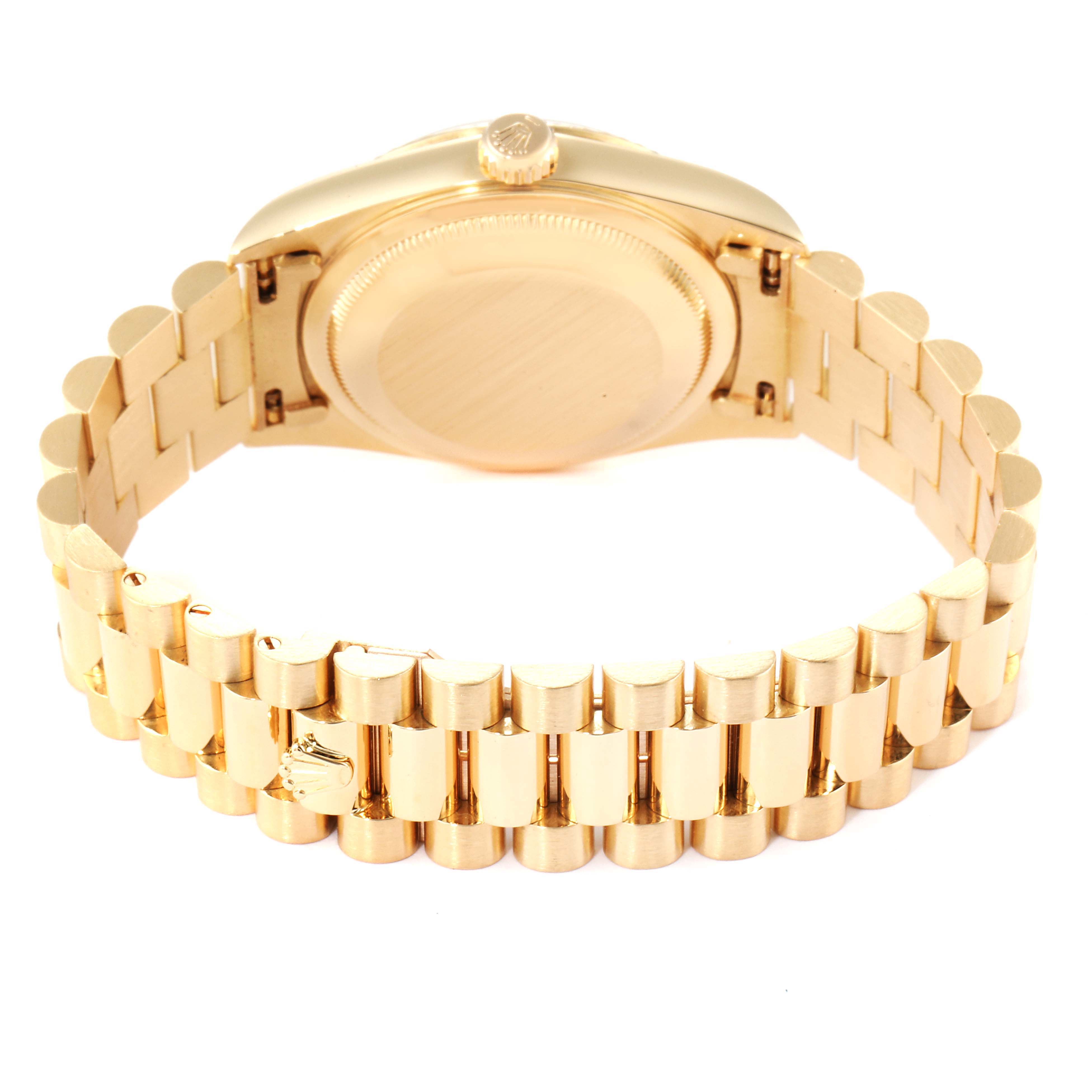 This image shows the back case and bracelet of a Rolex President 18238 Men
s Yellow Gold Champagne Dial 18238 Men
s Yellow Gold Champagne Dial model watch.