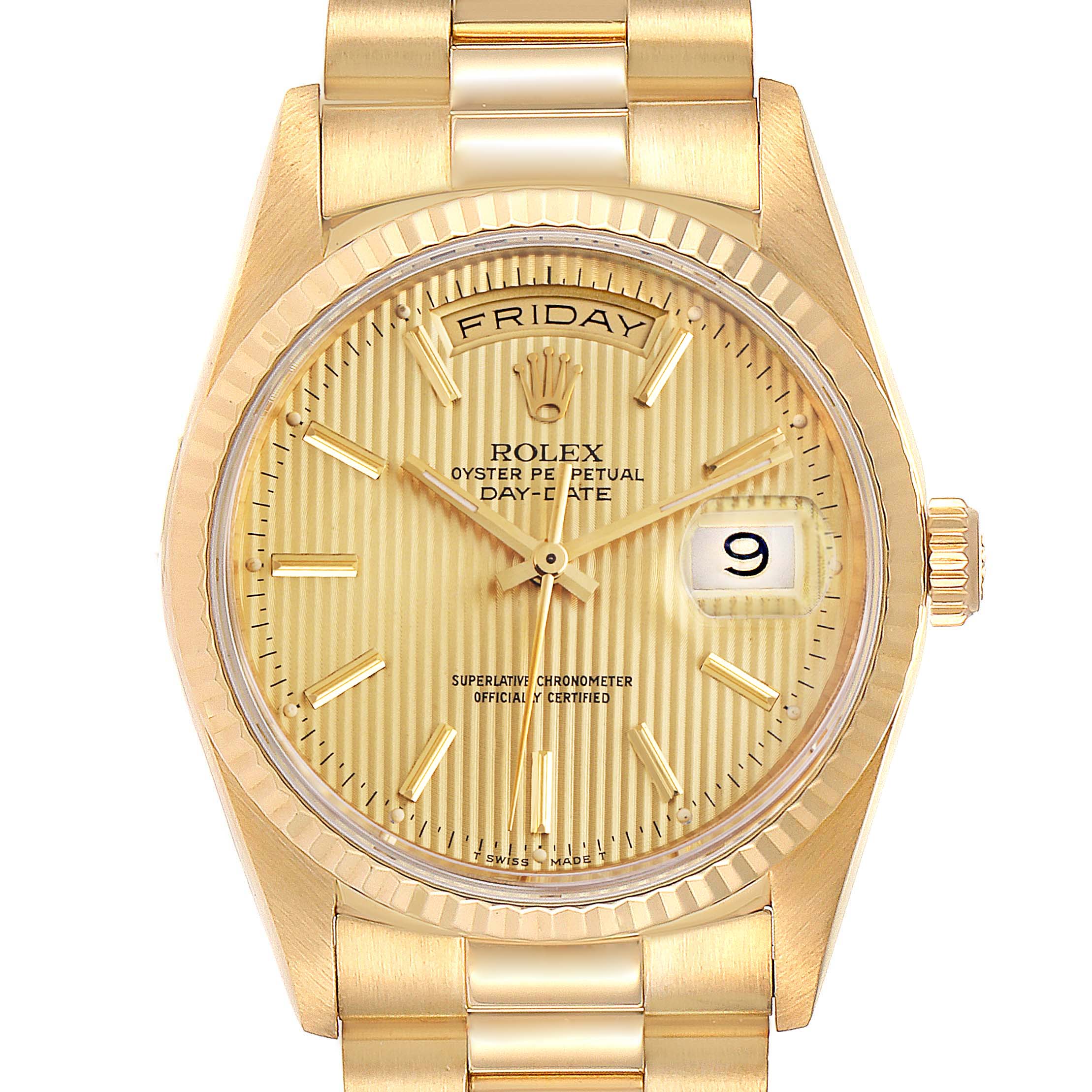 This image shows a front view of the Rolex President 18238 Men
s Yellow Gold Champagne Dial 18238 Men
s Yellow Gold Champagne Dial model watch, highlighting its dial, bezel, day-date display, and part of its bracelet.