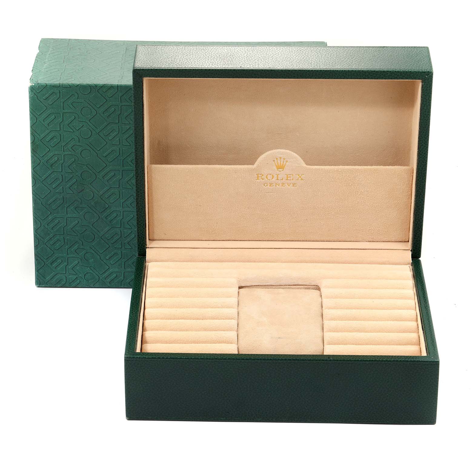 The image shows an open green Rolex President 18238 Men
s Yellow Gold Champagne Dial 18238 Men
s Yellow Gold Champagne Dial watch case, with beige interior designed for holding multiple watches.