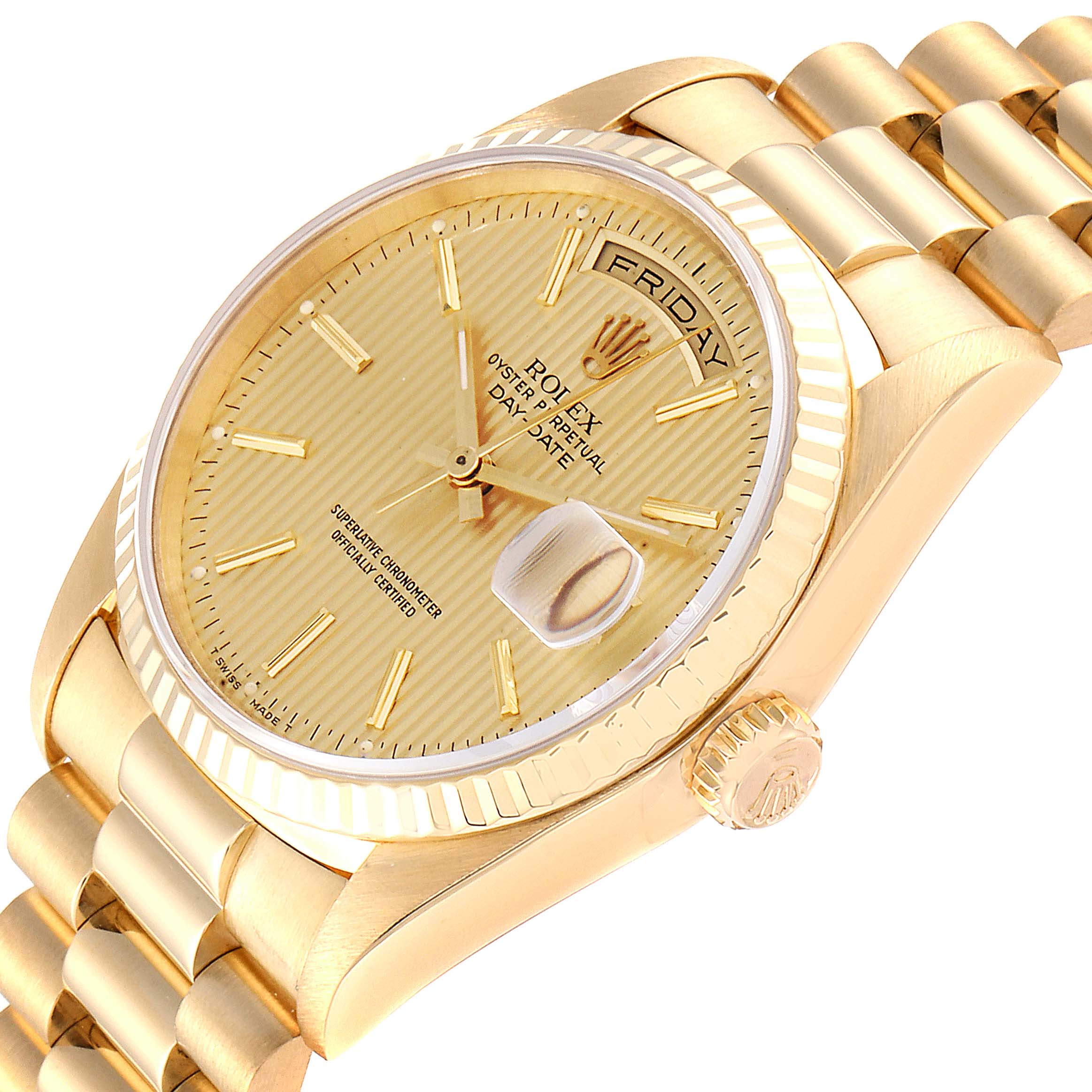 The image shows a close-up angled view of the Rolex President 18238 Men
s Yellow Gold Champagne Dial 18238 Men
s Yellow Gold Champagne Dial model watch, highlighting the dial, bezel, and bracelet.