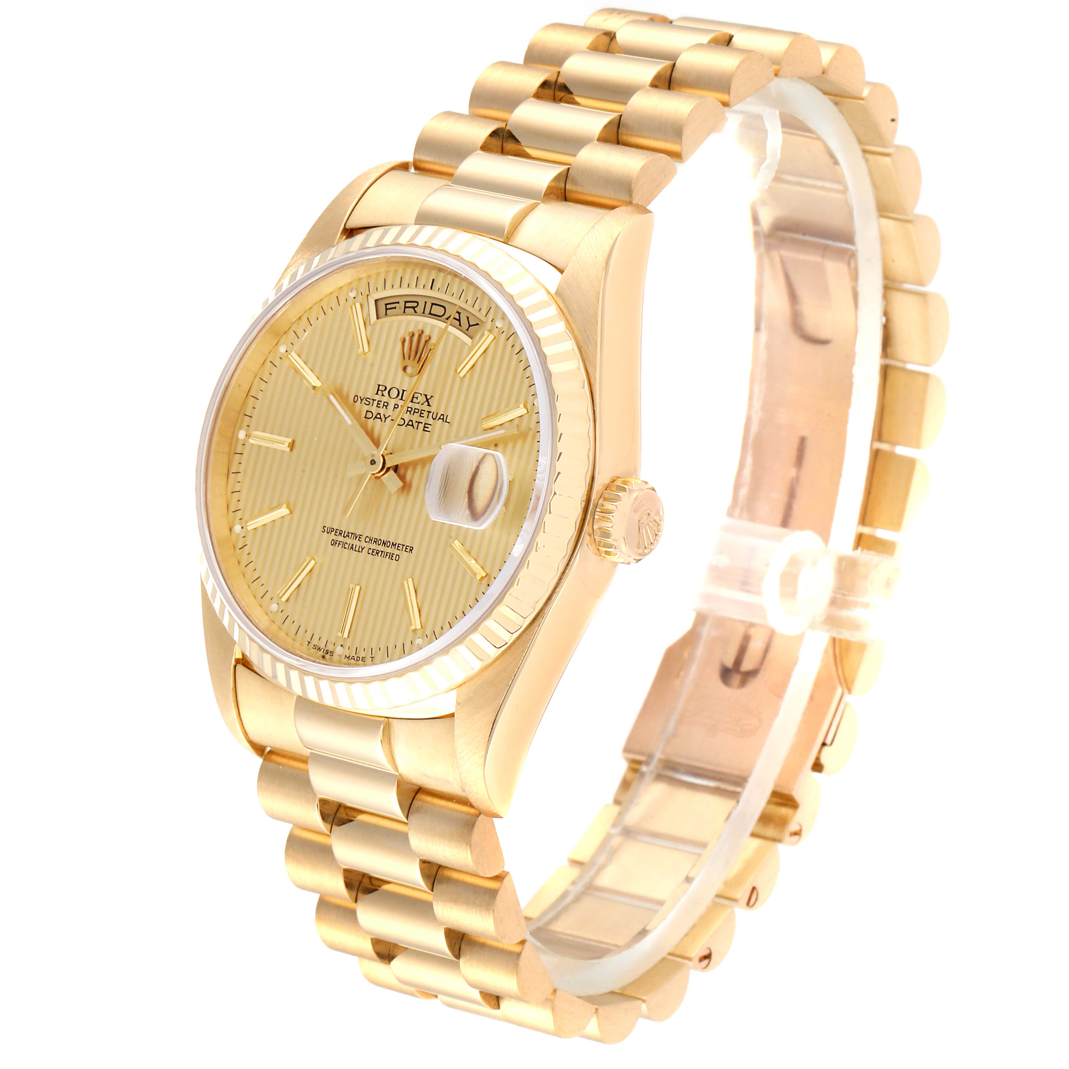 The image shows a side angle view of the Rolex President 18238 Men
s Yellow Gold Champagne Dial 18238 Men
s Yellow Gold Champagne Dial model watch, highlighting its gold case, bracelet, dial, and fluted bezel.