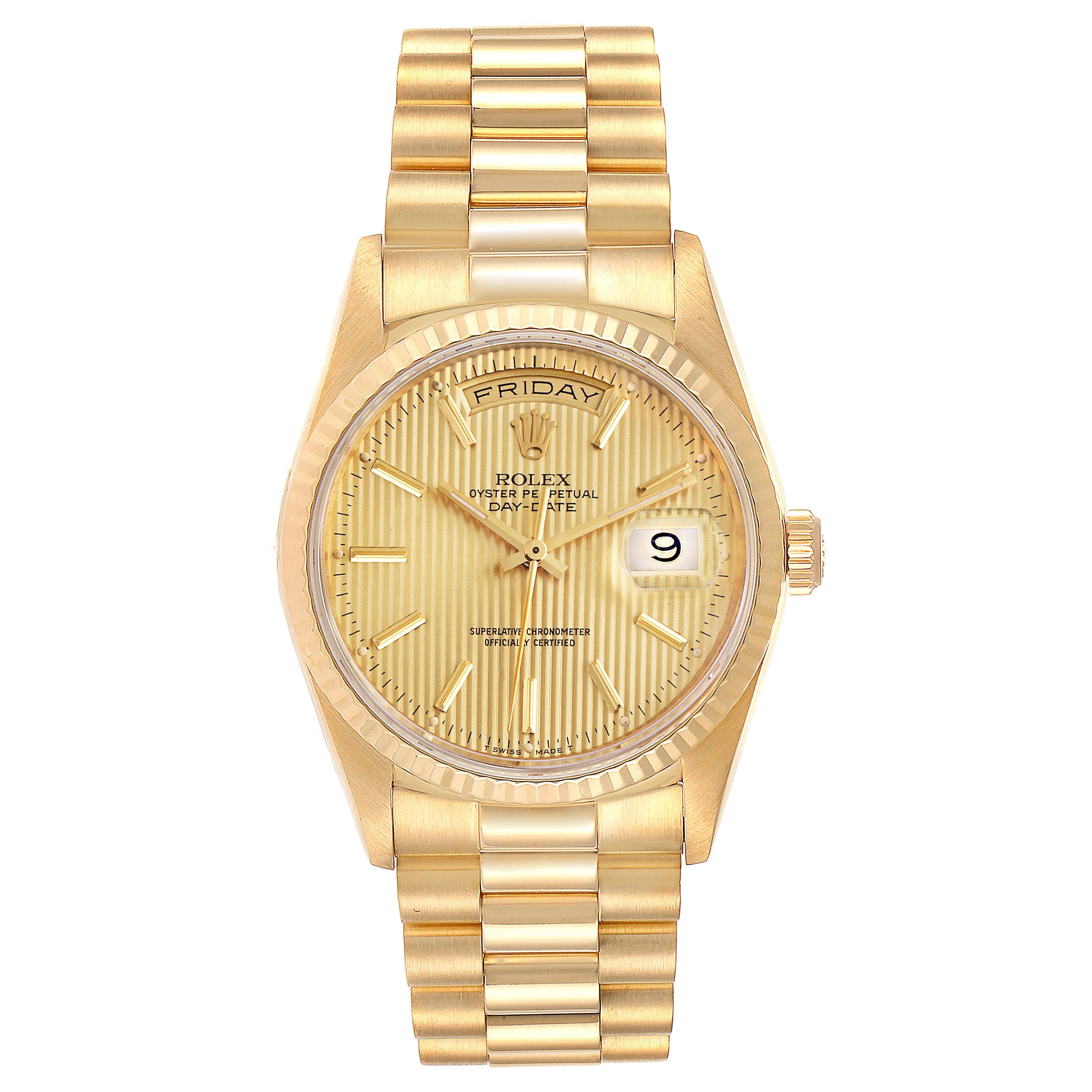 The Rolex President 18238 Men
s Yellow Gold Champagne Dial 18238 Men
s Yellow Gold Champagne Dial model watch is shown from a front angle, highlighting its gold dial, fluted bezel, and bracelet.
