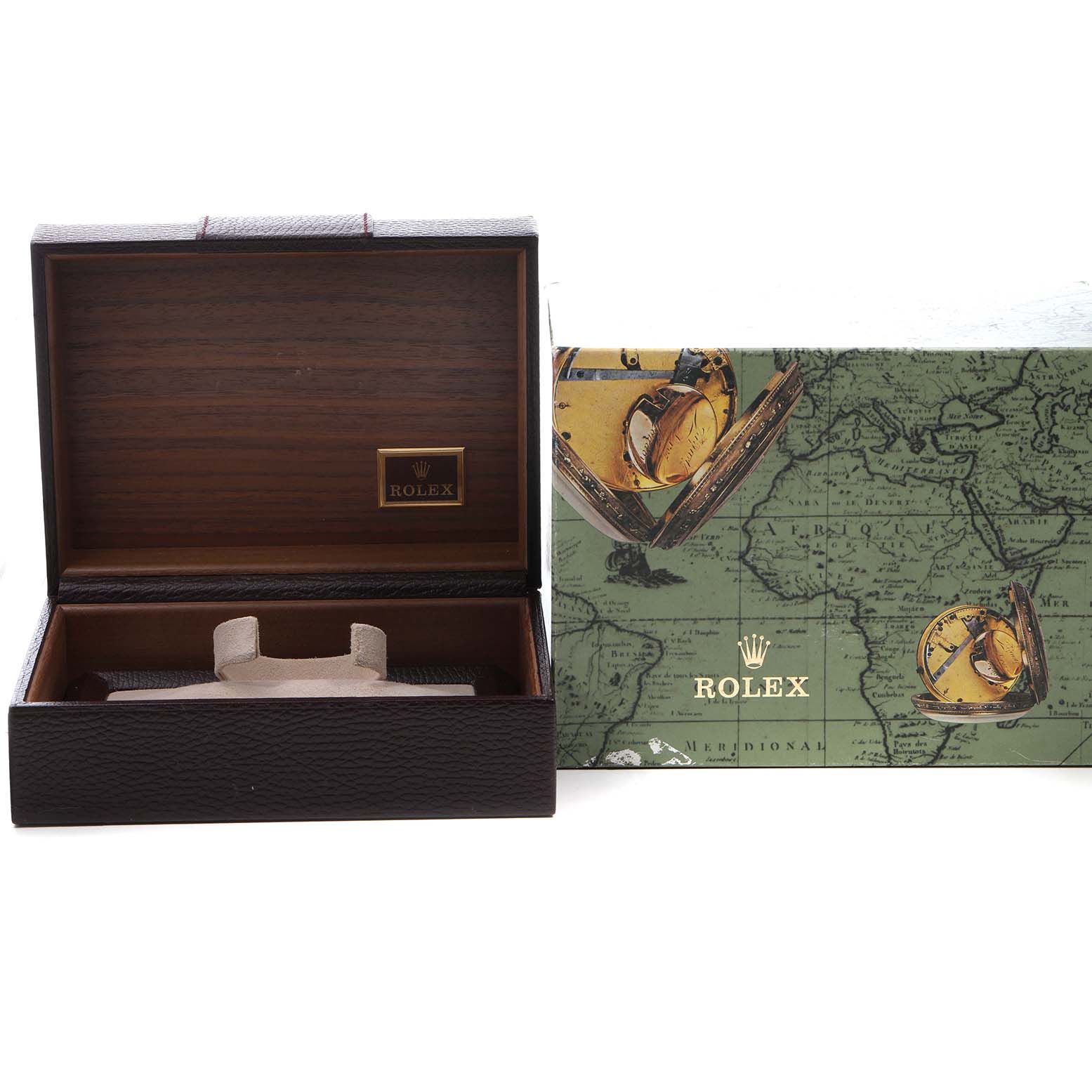 The image shows an open Rolex Oysterquartz 19018 Men's Yellow Gold Brown Dial watch box with a decorative, map-patterned exterior cover beside it.