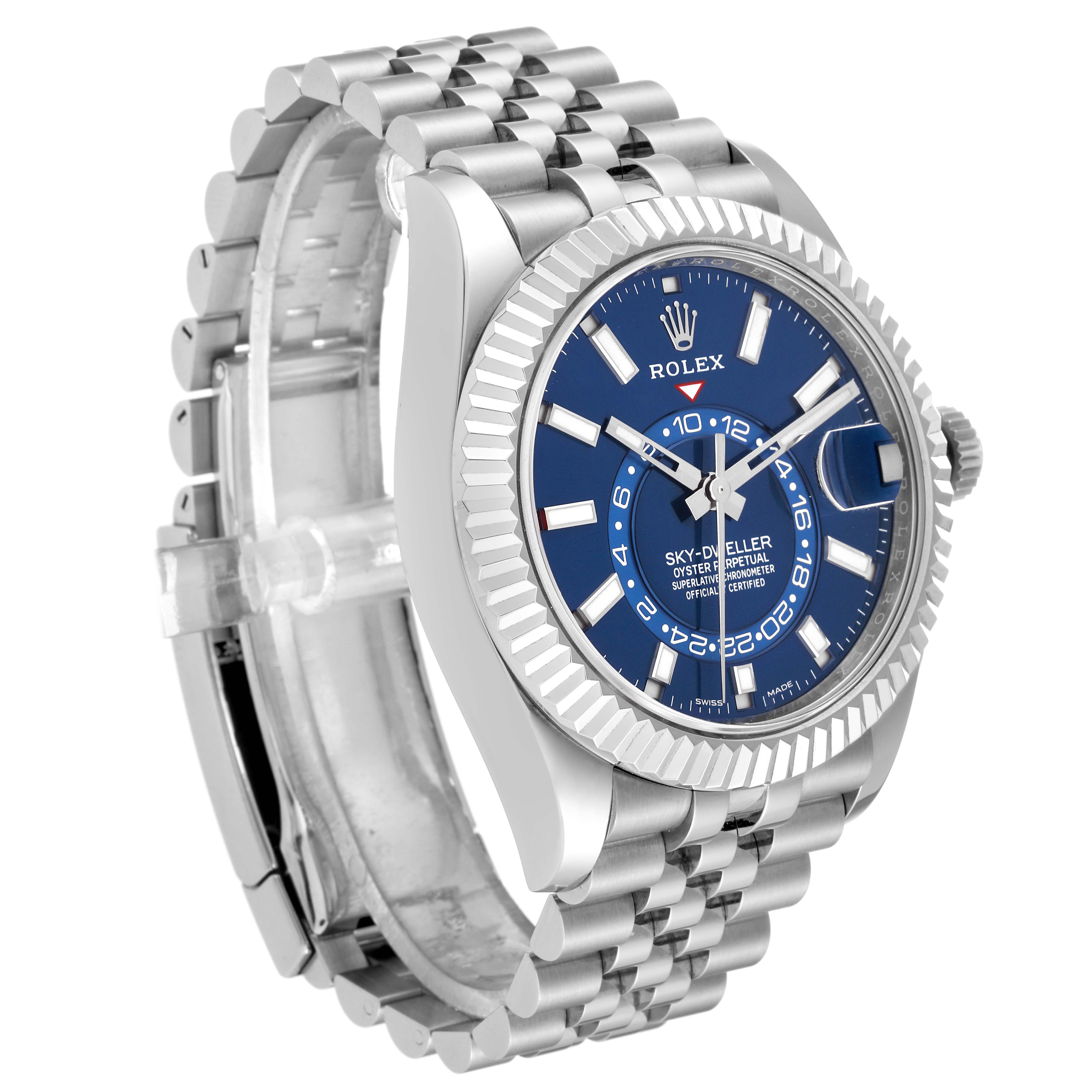 The image shows a side and front angle of the Rolex Sky-Dweller 326934 Men
s Stainless Steel Blue Dial 326934 Men
s Stainless Steel Blue Dial watch, highlighting its blue dial, bezel, and bracelet.
